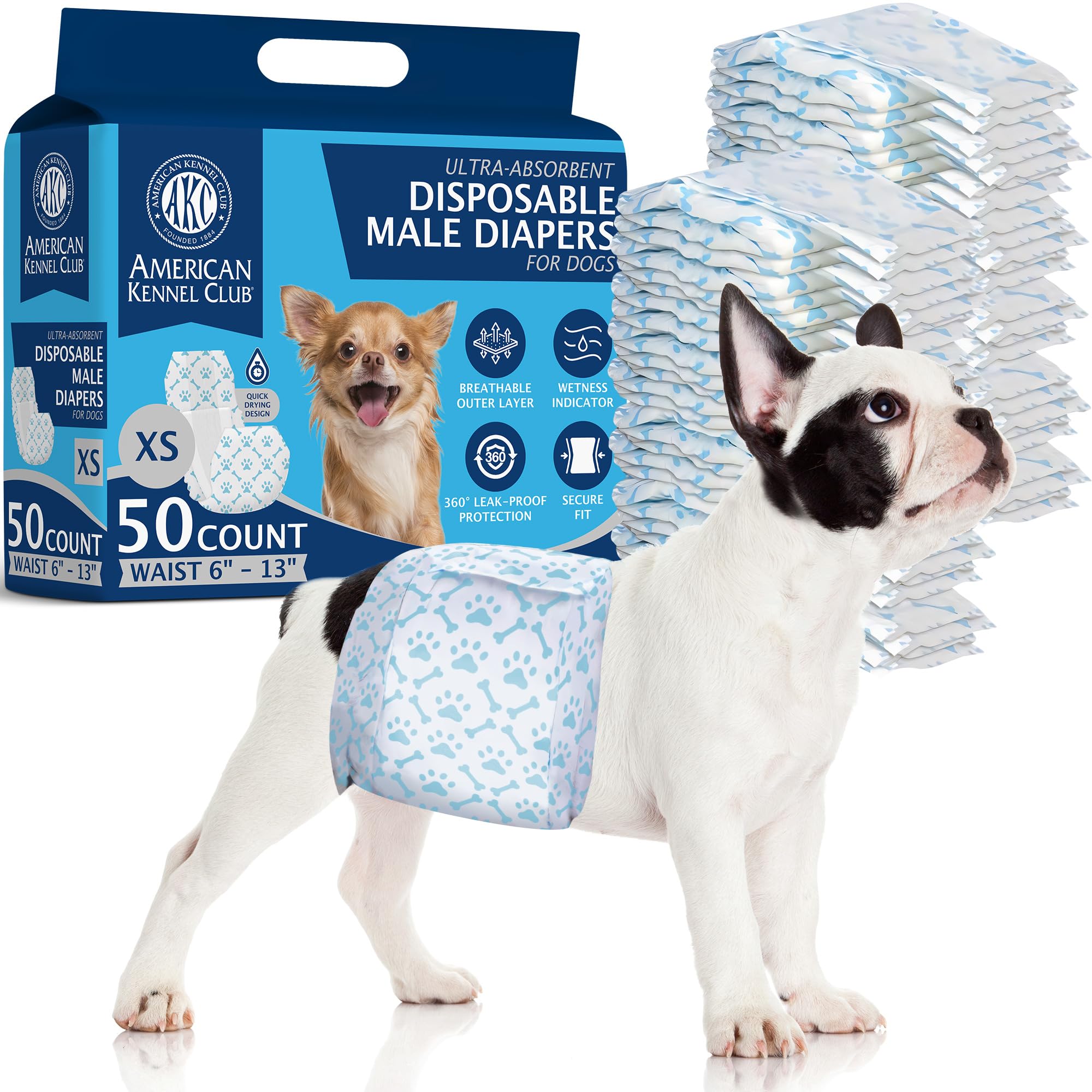 American Kennel Club Male Dog Wrap, Disposable Diapers With Wetness Indicator, X-Small, 50 Count