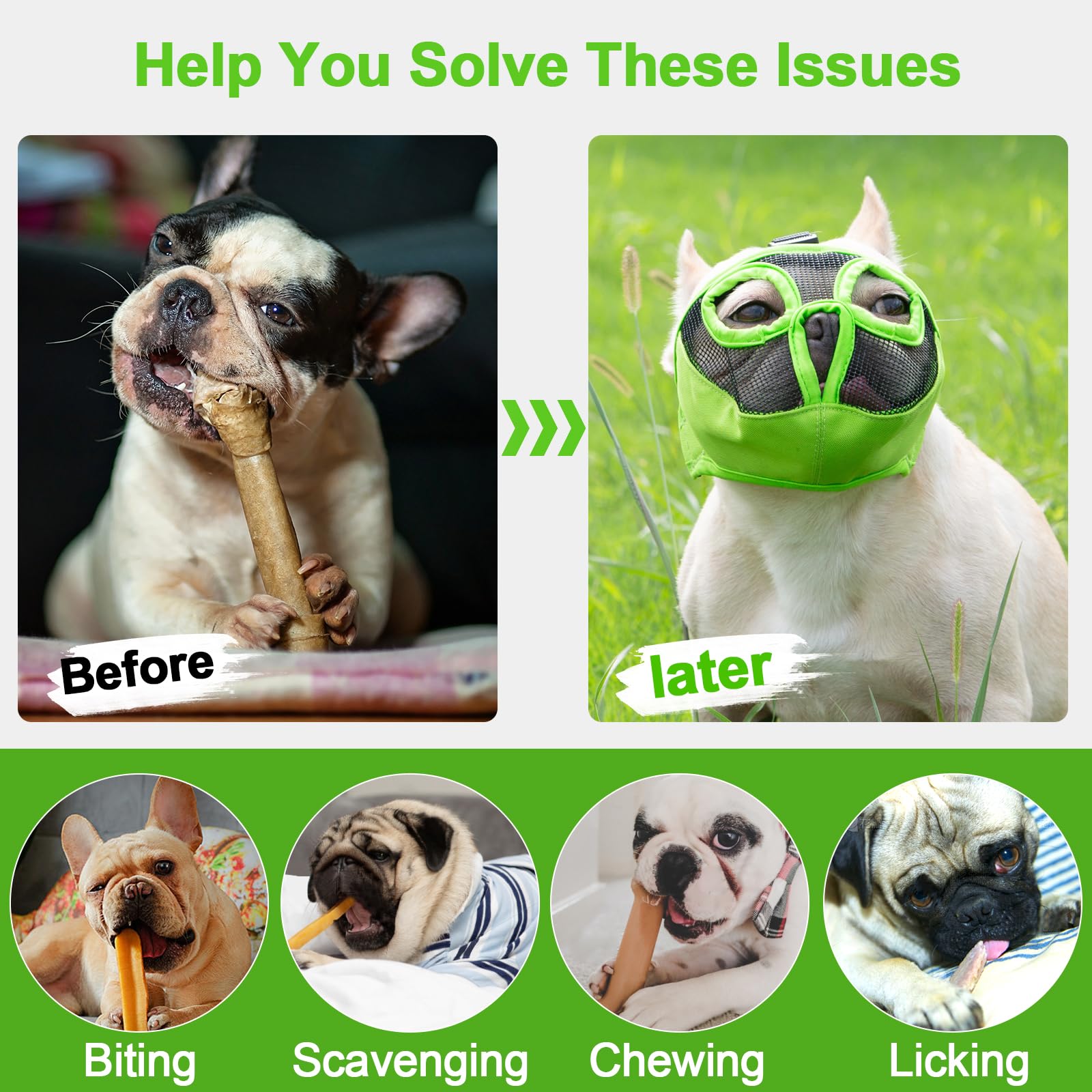 Jyhy Short Snout Dog Muzzles- Adjustable Breathable Mesh Bulldog Muzzle For Biting Chewing Licking Grooming Dog Mask,Green S