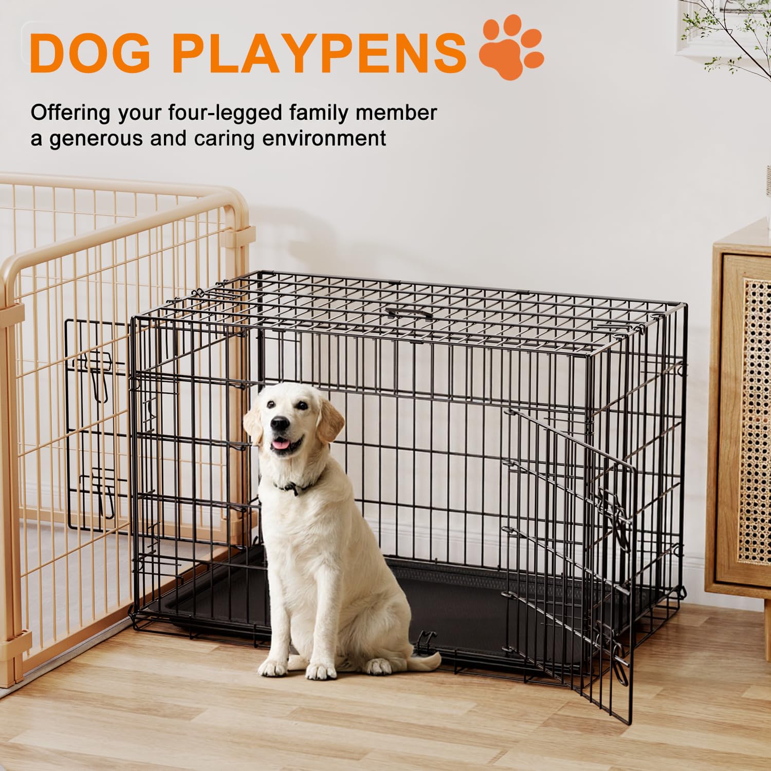 FDW Dog Crate 36inch Dog Cage Foldable Metal Kennel with Leakproof Tray Foldable Design Indoor Outdoor Use for Medium Dogs,Black