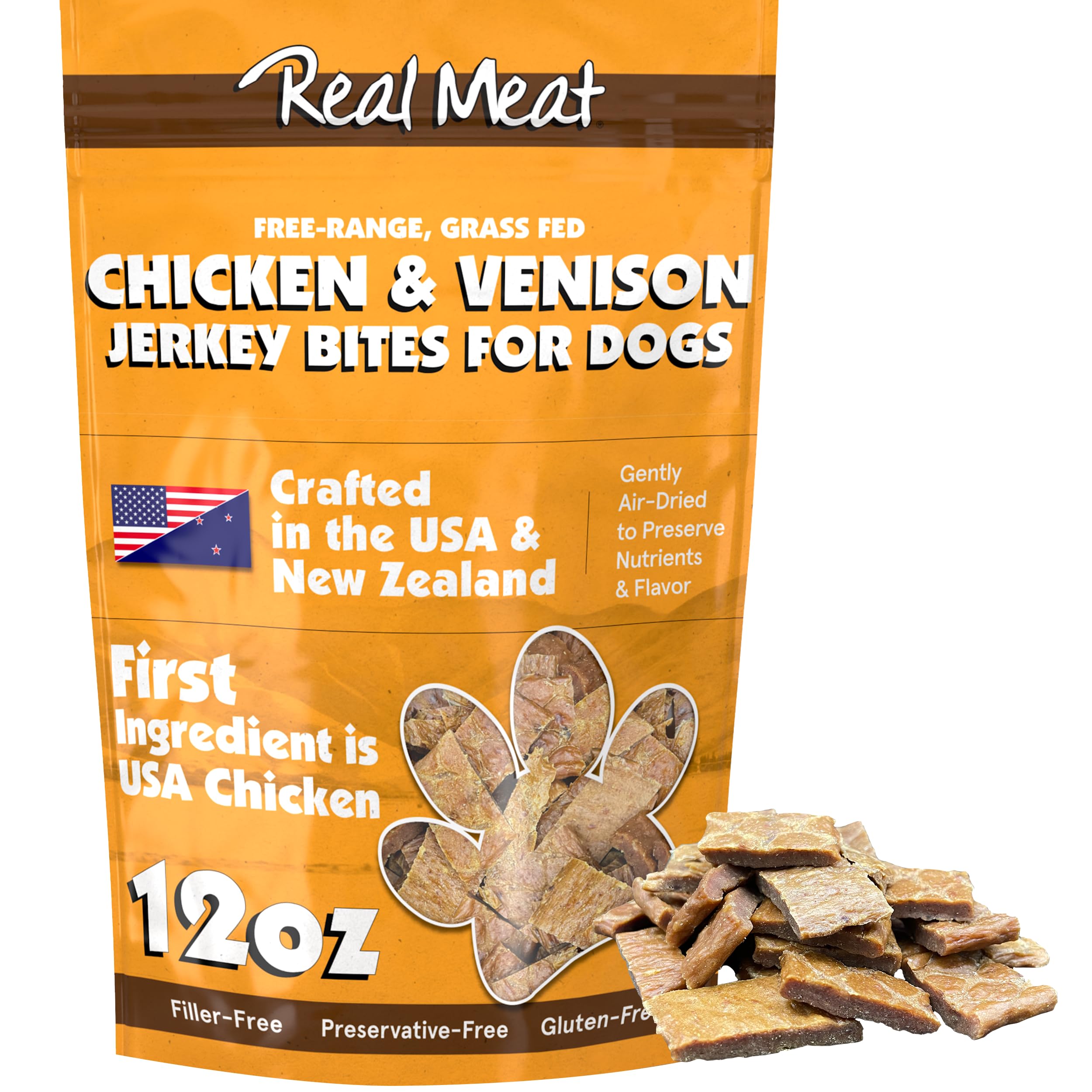 Real Meat Dog Treats - 12oz Bag of Bite-Sized Air-Dried Venison & Chicken Jerky - Grain-Free, 95% Human-Grade, Free-Range Veniso