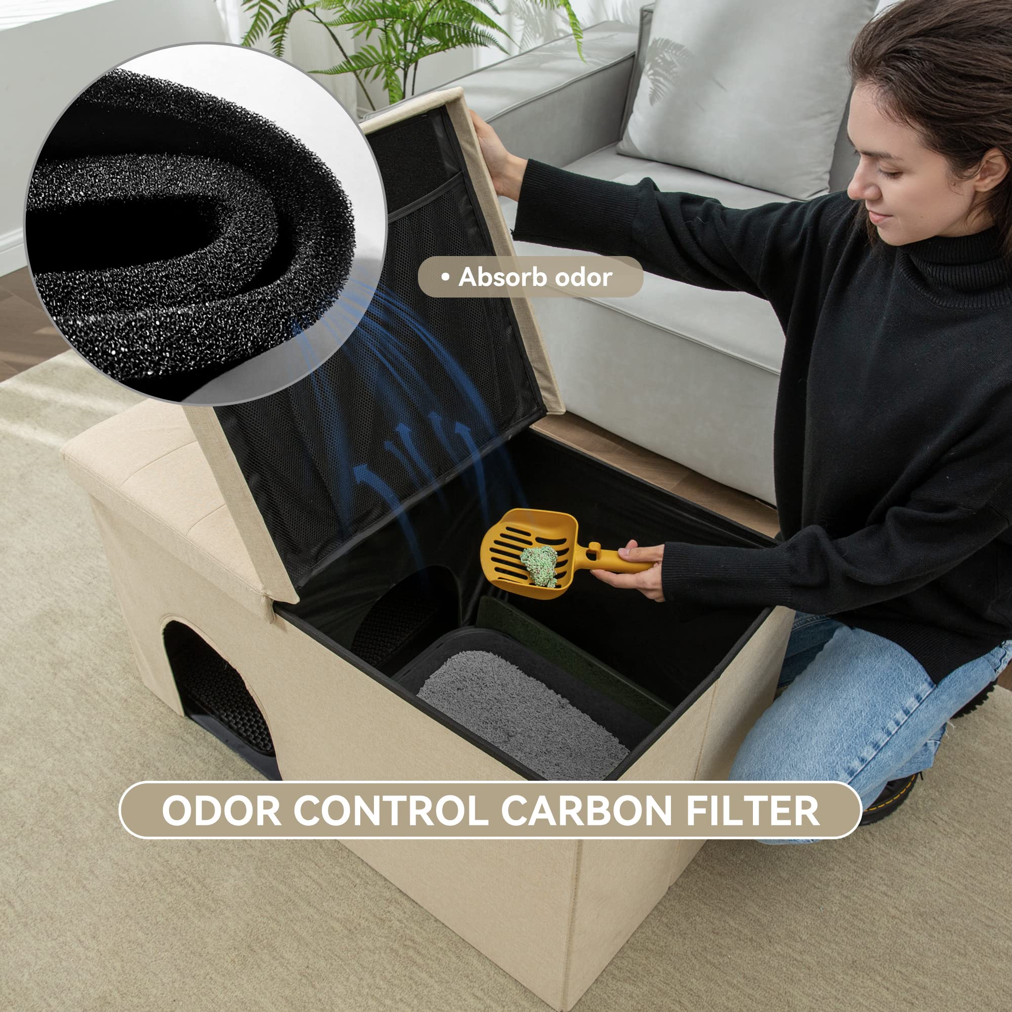 Dr.Futon Cat Litter Box Enclosure Hidden Furniture Ottoman with Lid Dog Proof Cat Litter Box with Litter Mat and Odor Control Fi