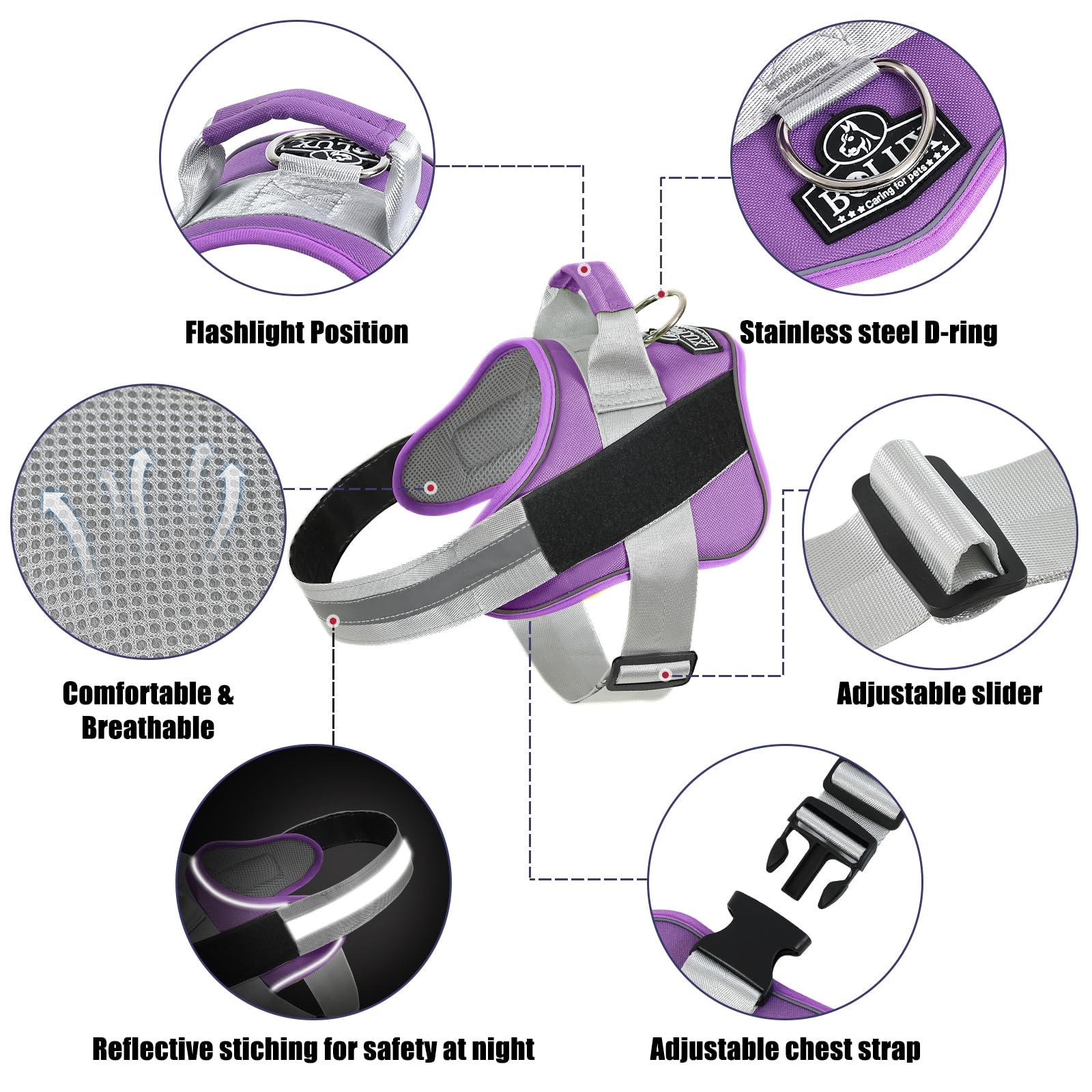 Bolux Dog Harness, No-Pull Reflective Dog Vest, Breathable Adjustable Pet Harness With Handle For Outdoor Walking - No More Pulling, Tugging Or Choking (Lavender, Large (Pack Of 1))