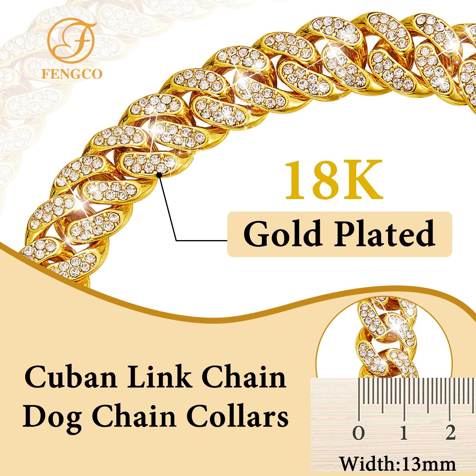 Gold Dog Chain Collar Diamond Cuban Link Dog Collar 13Mm Wide Dog Necklace Metal Cat Chain Pet Crystal Collar Jewelry Accessorie