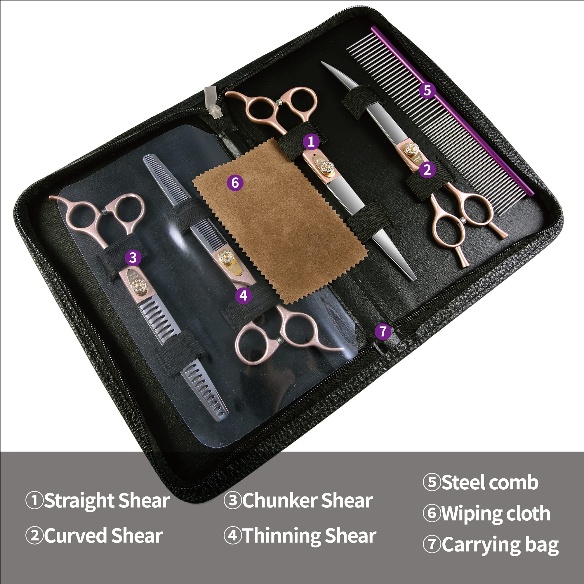 Fenice Peak 7.5‘’ Professional Dog Grooming Scissors Set Rose Gold 440C Stainless Steel Straight Thinning Curved Chunker Shears 4Pcs Set For Pet Grooming Services Dogs And Cats