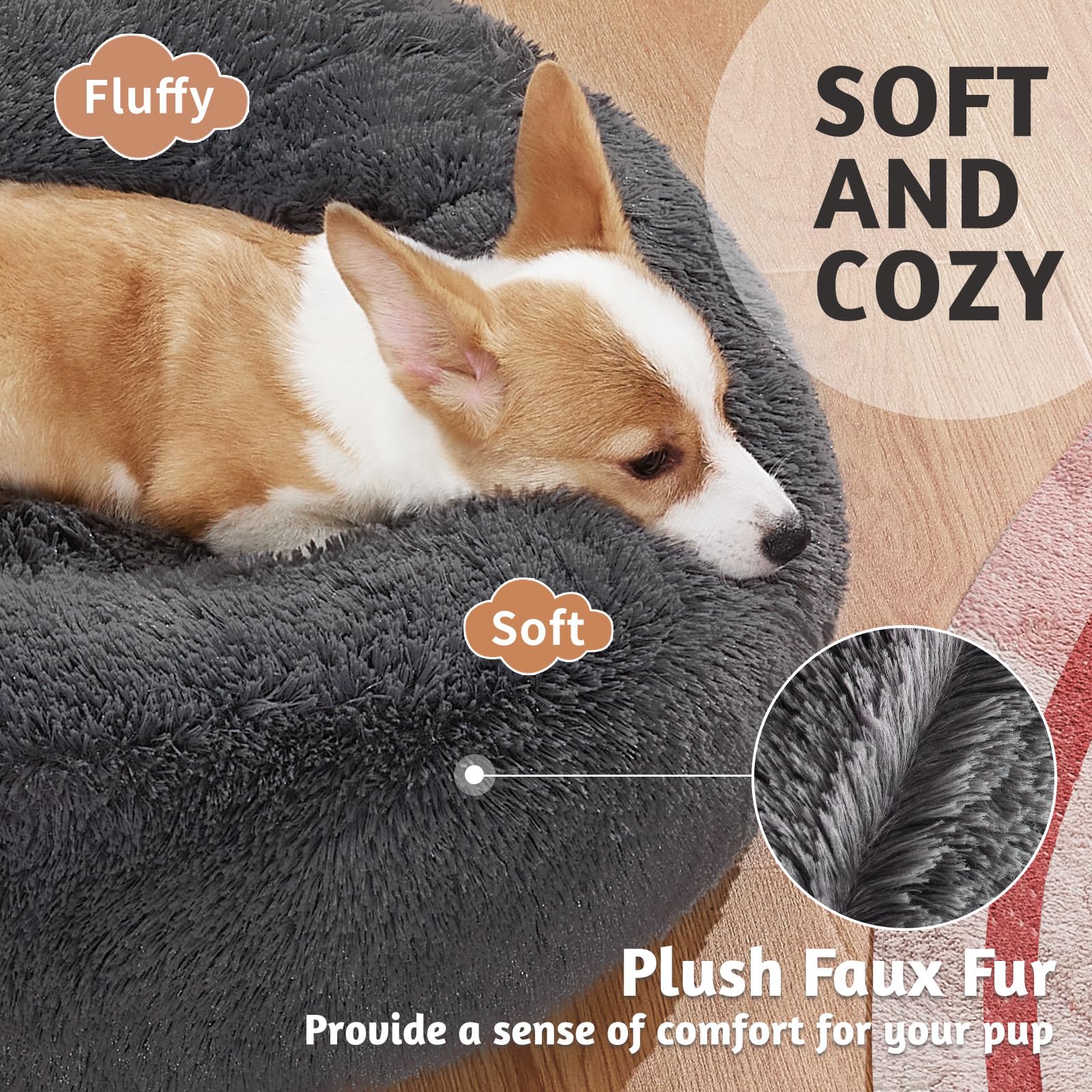 Ohgeni Calming Donut Dog Bed Pillow For Small Medium Pets, Machine Washable Removable Cover, Comfort Plush Fluffy Faux Fur With Anti-Slip Bottom, Cats-Friendly Round Cuddly Design, Gray, 23 Inches