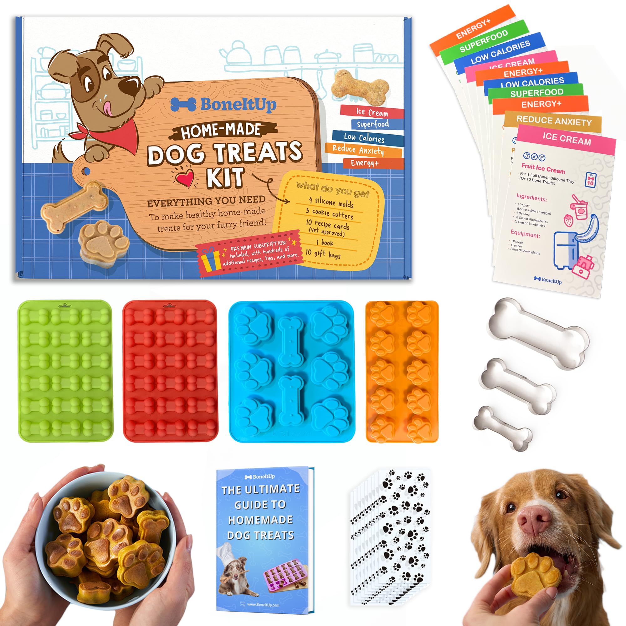 BoneItUp Homemade Dog Treats Set Silicone Molds Cookie Cutters with Healthy Vet Approved Recipes, Puppy Treats with Paws & Bones