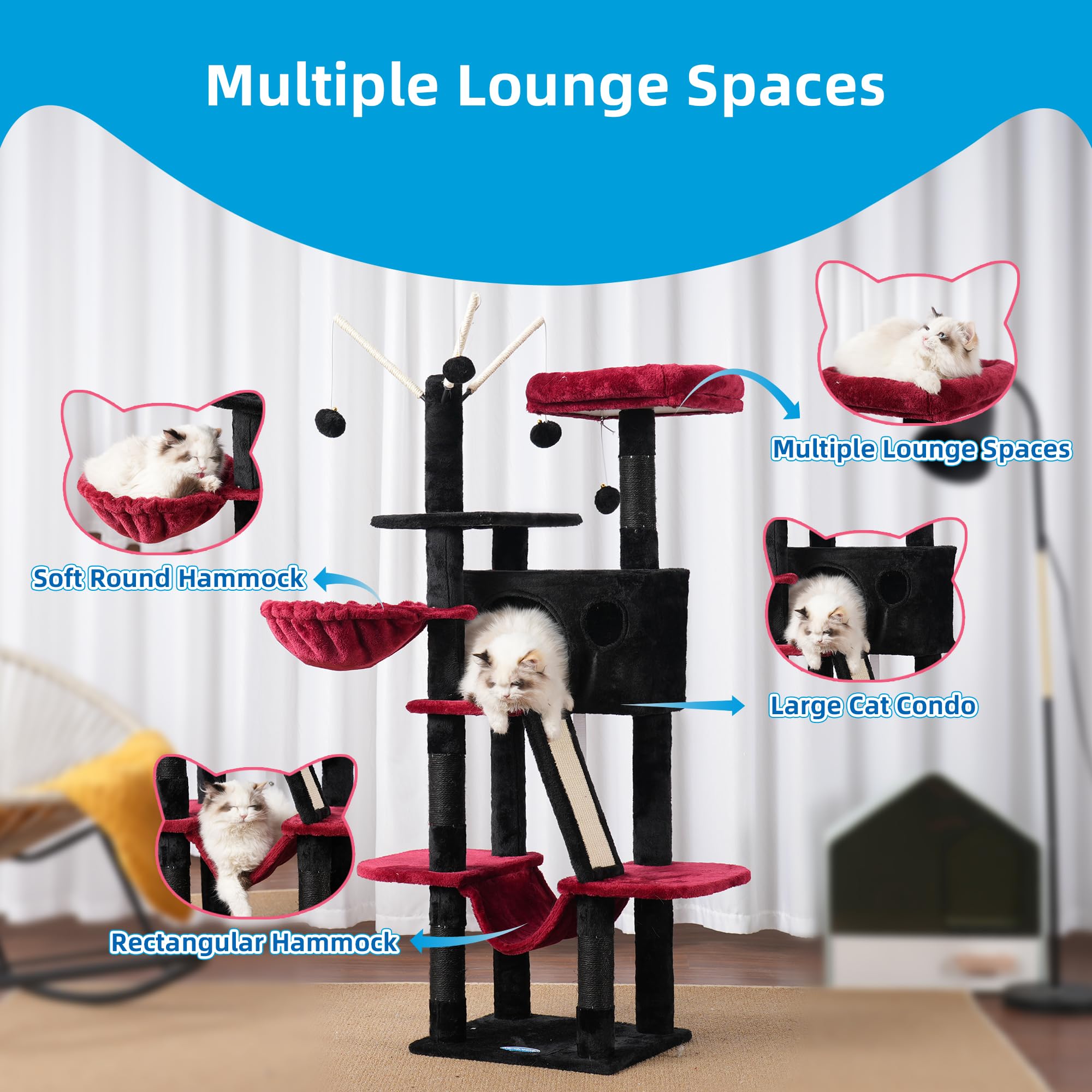 Hey-Brother Gothic Cat Tree, 53 Inch Cat Tower For Indoor Cats, Cat House With Padded Platform Bed, Toy Balls, Large Cozy Condo,