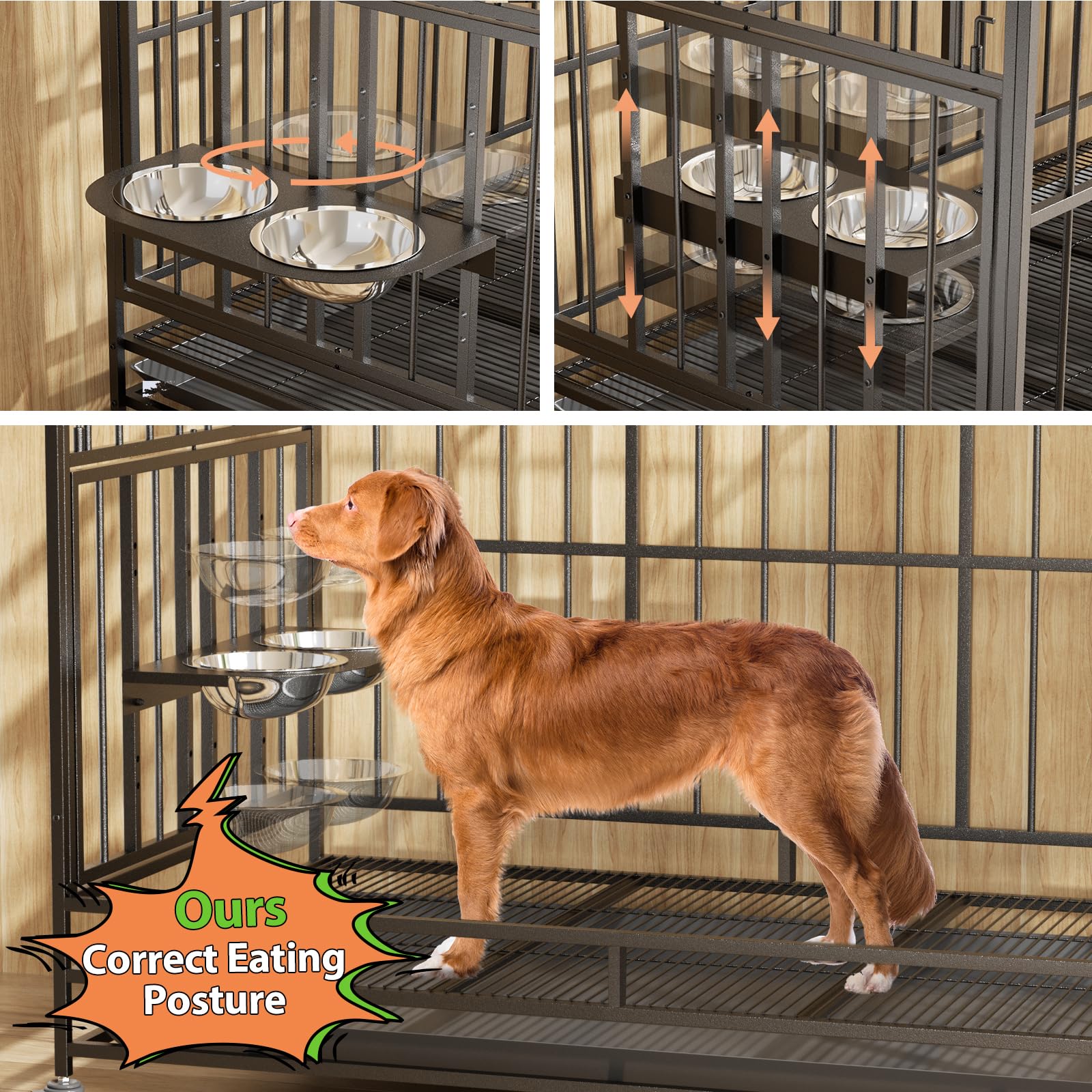 LOVMOR Heavy Duty 48" Dog Crate with Wheels, Alloy Steel, Black, Model NVLER24, Adjustable Bowls & Removable Tray, Extra Large XL XXL