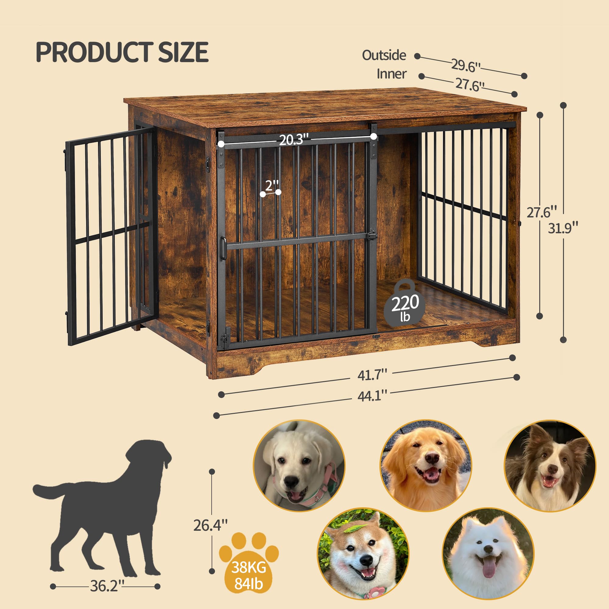 Hzuaneri XL Large Dog Crate Furniture, 44.1 Indoor Dog Kennel Furniture with Barn Door, Wooden Tall Dog Crate, Heavy Duty Dog Ca