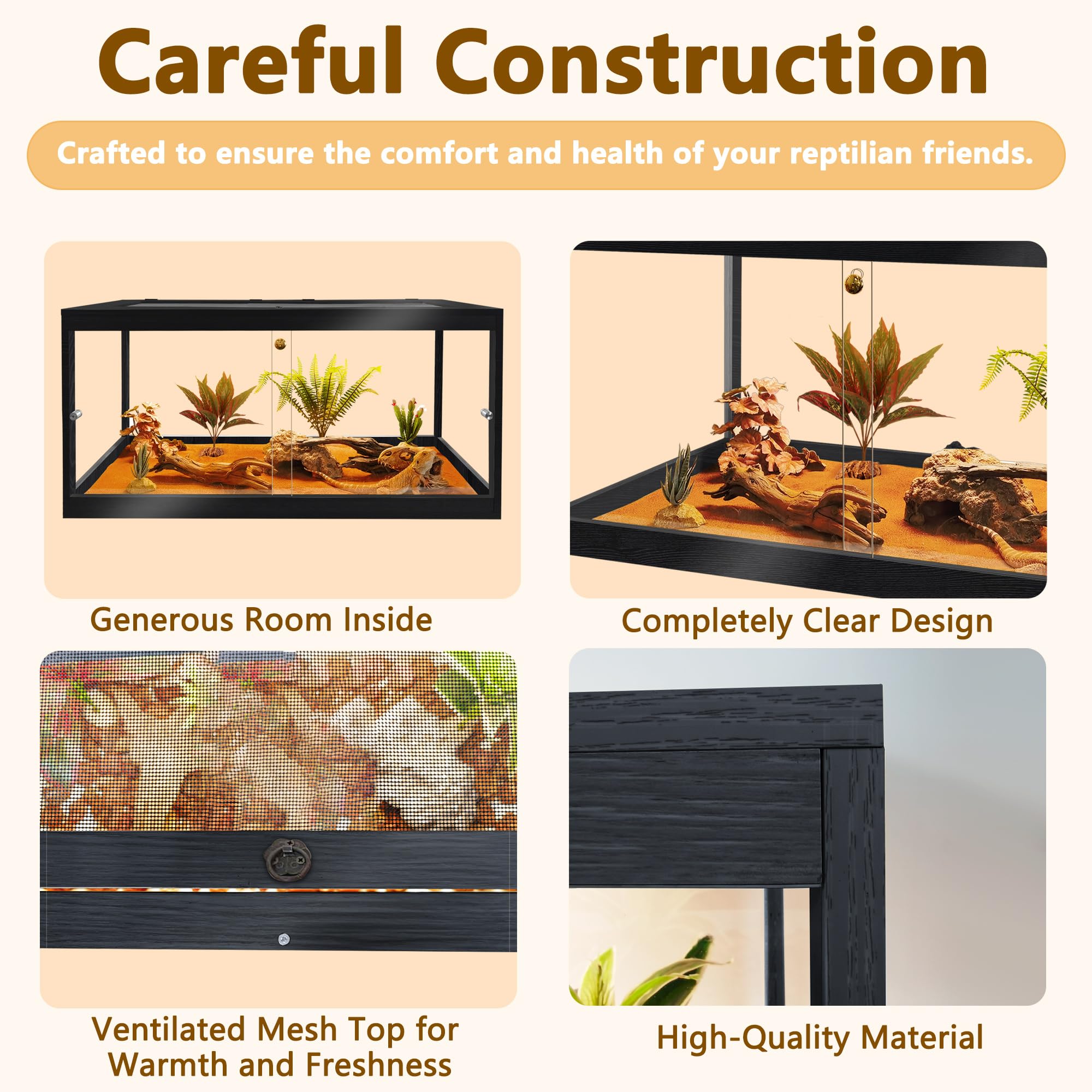 Prolee Reptile Tank 60 Gallon, Lizard Tank, Bearded Dragon Tank With Metal Mesh Roof Door, Snake Tank With Lock Design, Black, 4