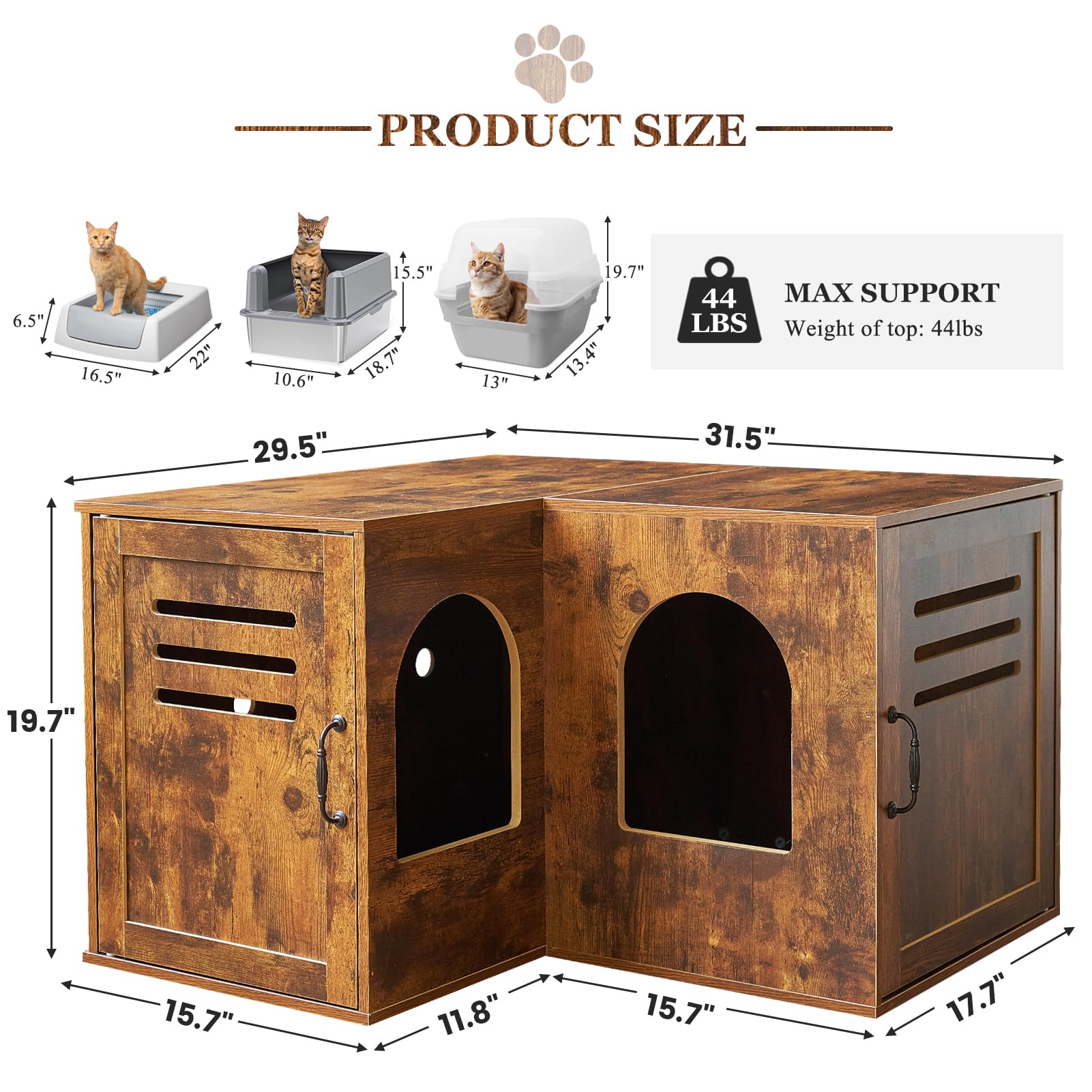 JanflyHome Corner Litter Box Enclosure, 31.5 Hidden Litter Box Furniture for 2 Cats, Indoor Cat House End Table with Double Room