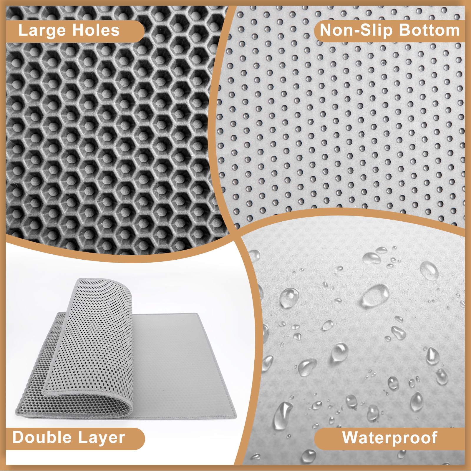 Garoopion Cat Litter Box Mat, Large 30' X 24' Eva Litter Trapping Mat, Double Layer Honeycomb Holes Scatter Control, Gray