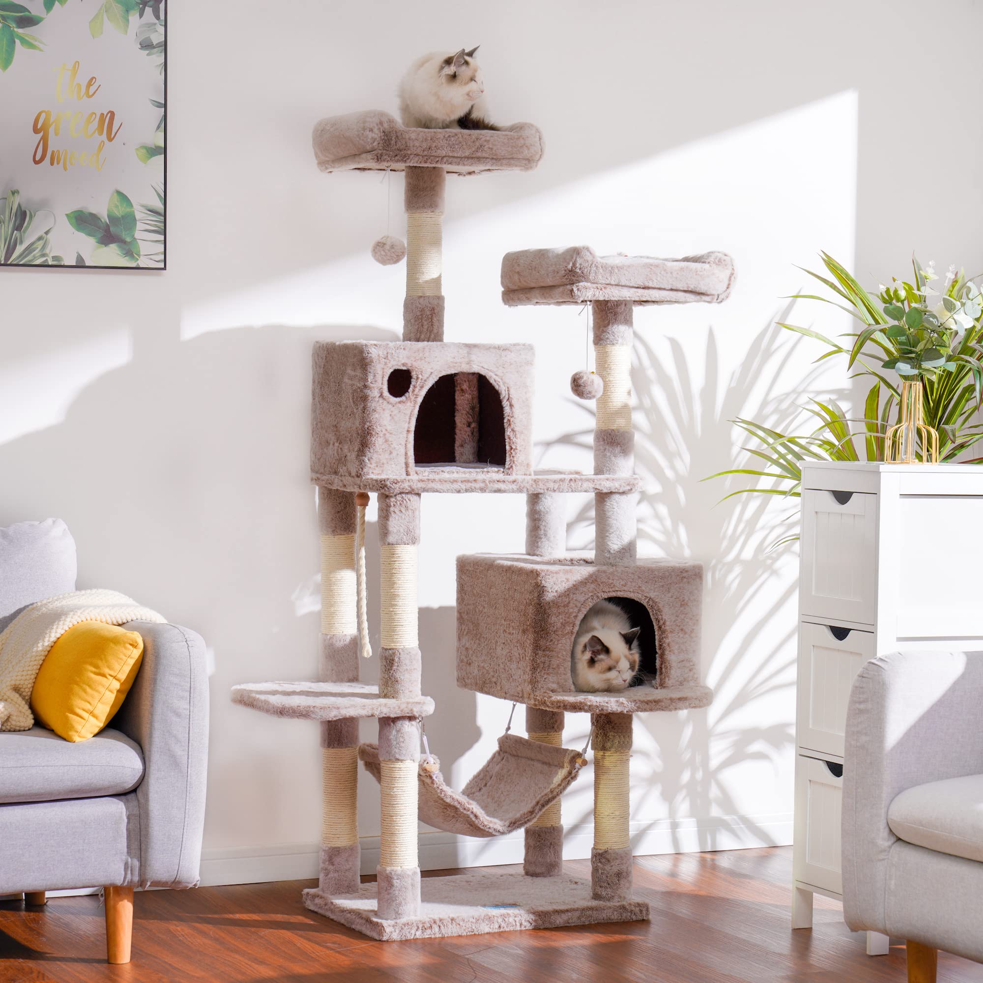 Hey-Brother Large Multi-Level Cat Tree Condo Furniture With Sisal-Covered Scratching Posts, 2 Bigger Plush Condos, Perch Hammock