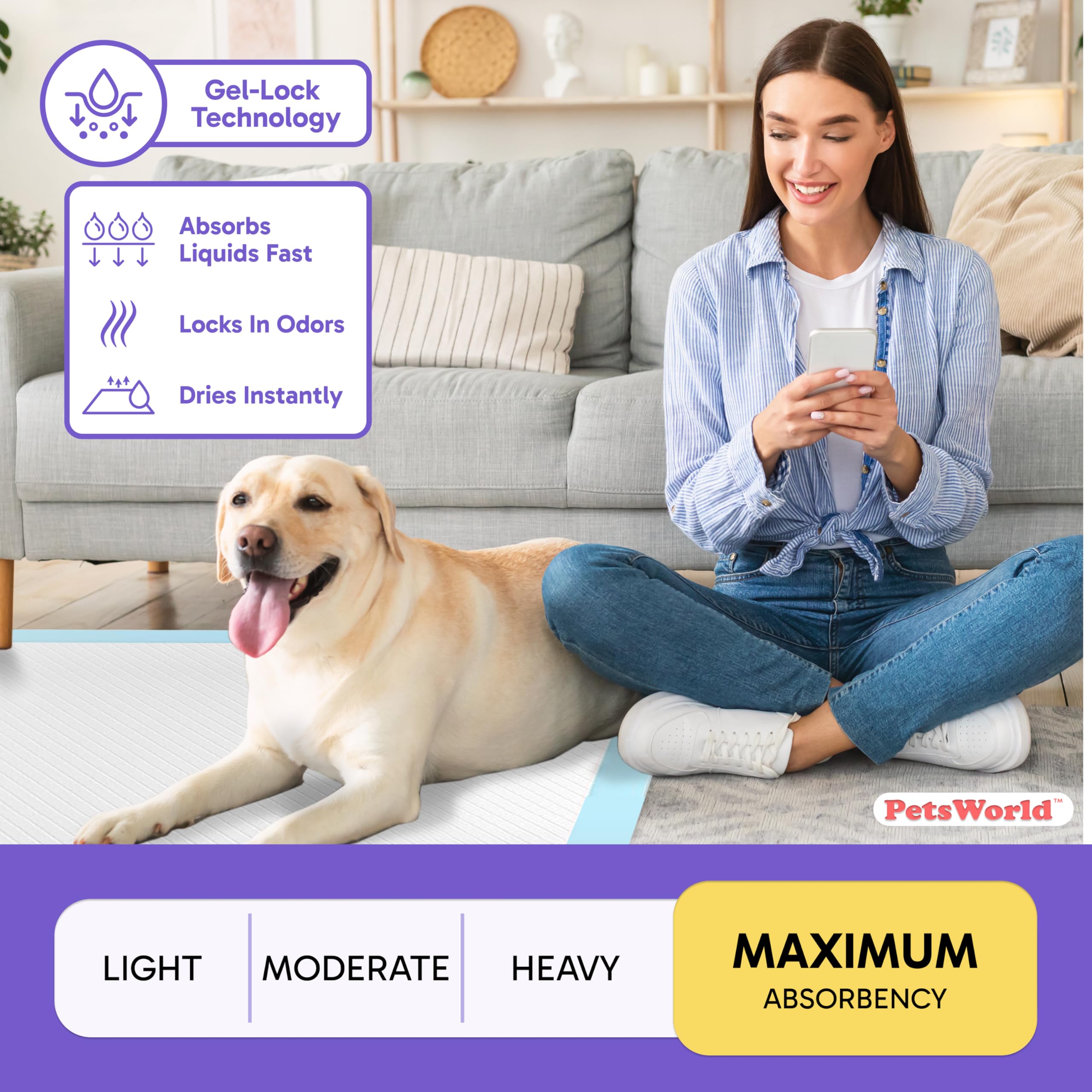 Petsworld Mastiff'S Massive Dog Training/Potty Pads, 28X44 Inch, 50 Ct, Xxxl Gigantic, Tear Resistant, Super Absorbent & Leak-Proof