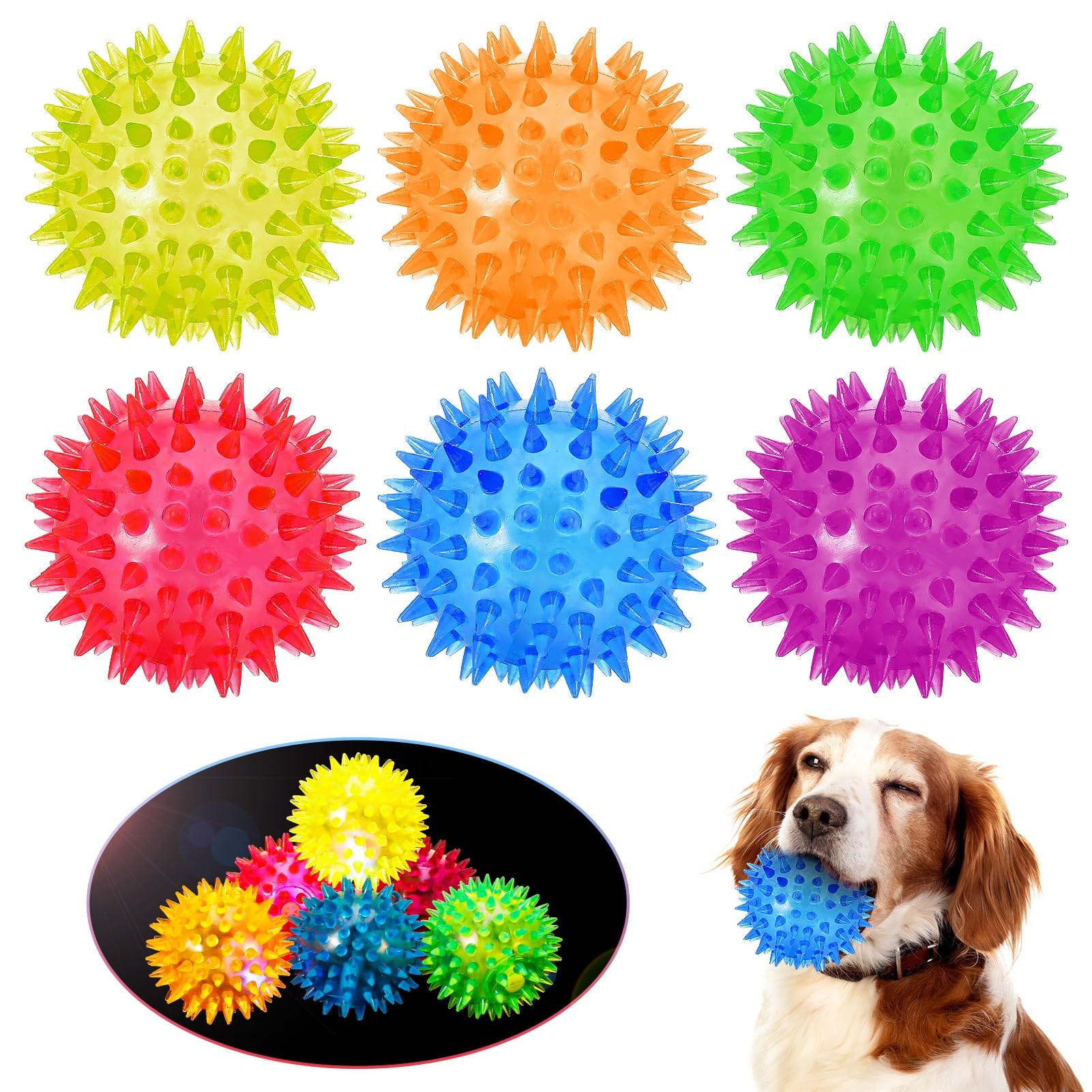 Dragonflydreams 6-Pc Spiky Led Dog Chew Toys With Spiky Balls, Glow In Dark, Interactive Toss-Ball For Fetch & Tug