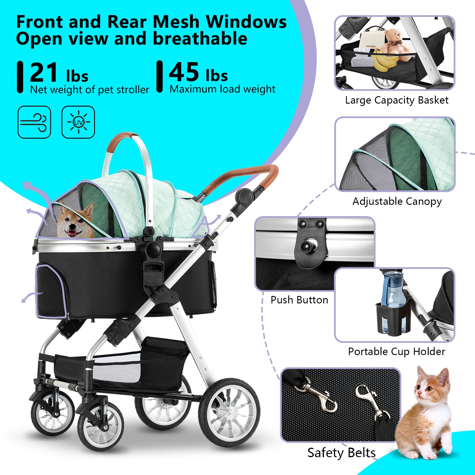 Ingborsa Pet Stroller For Medium/Small Dogs - Foldable, Lightweight Dog Carrier With Storage Basket (Green)