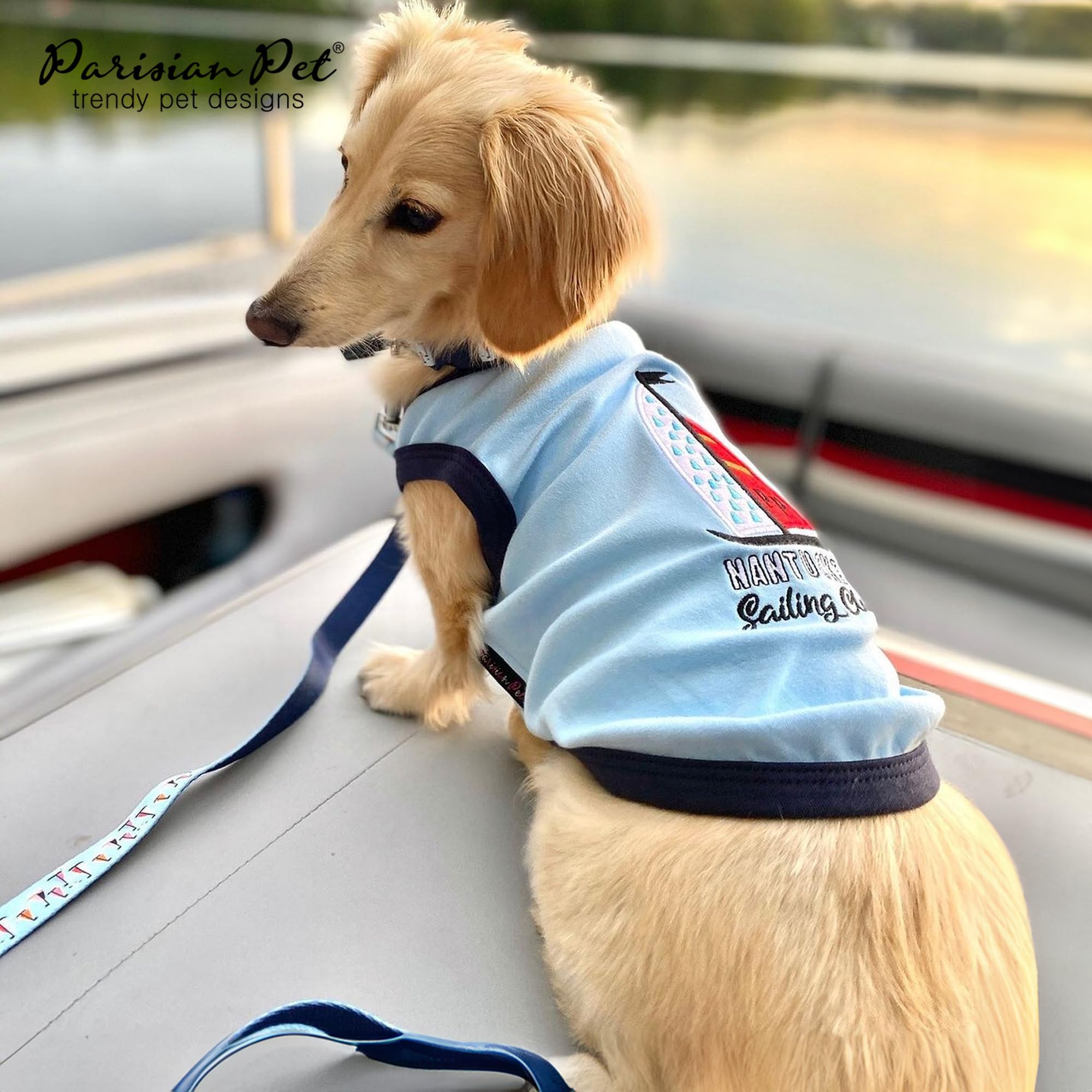 Parisian Pet Dog Tshirt - Embroidered Sailing Club Lightweight Tank Top - 100% Cotton Dog Summer Clothes - Sleeveless Tee Shirts