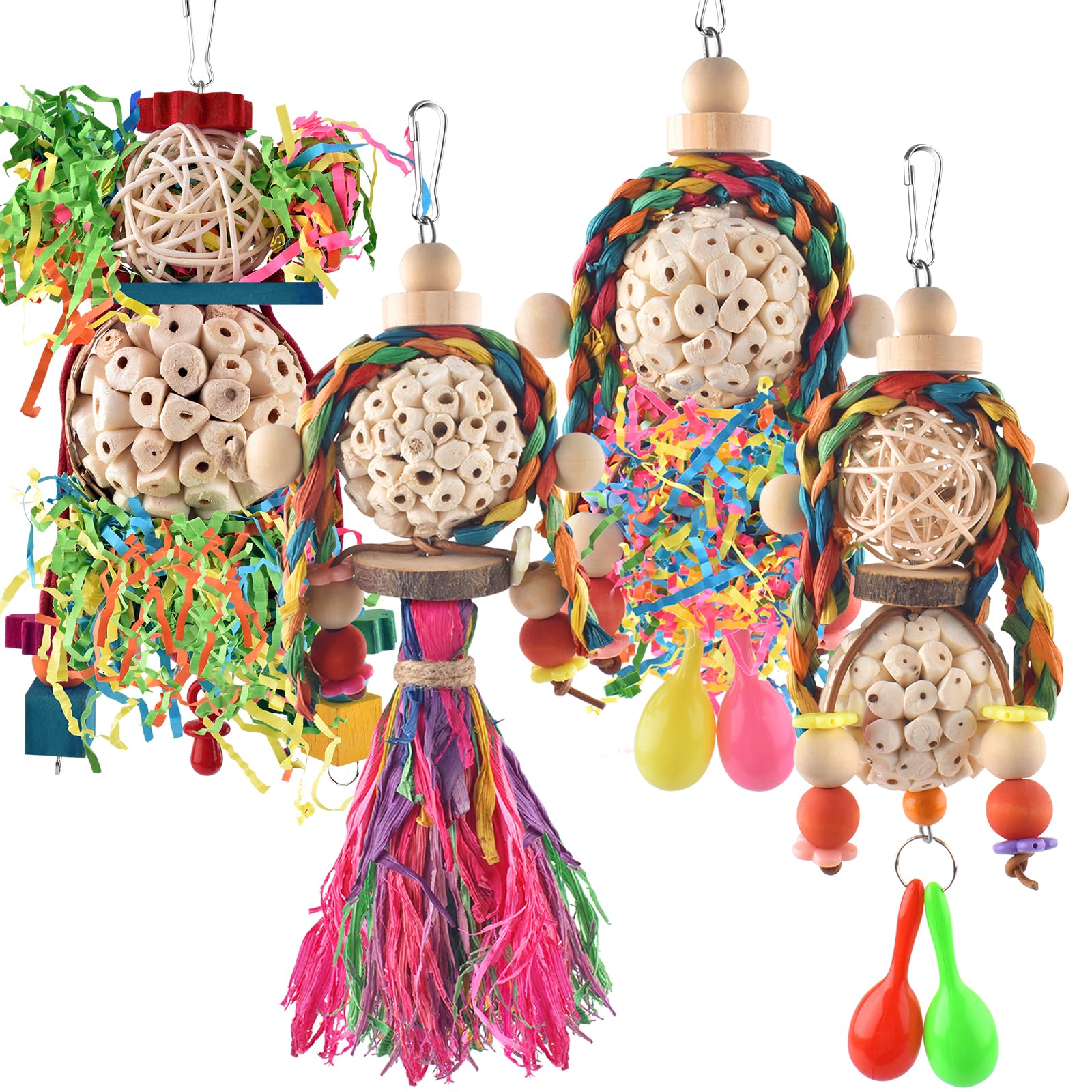 Bissap Conure Toys, 4 Pcs Bird Parrot Foraging Shredder Hanging Toys Sola Balls With Sand Hammer For Small Parrots Parakeets Con