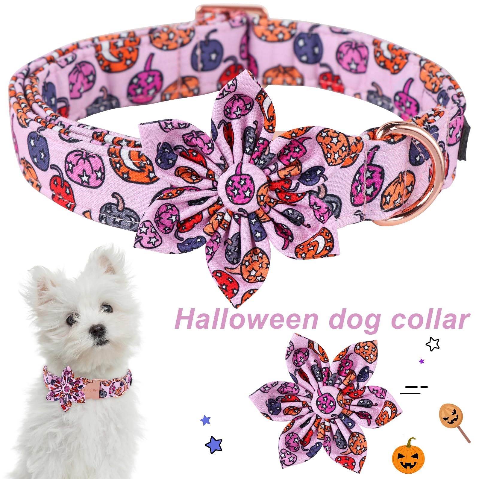 Aring Pet Halloween Dog Collar-Cute Pink Pumpkin Dog Collar With Flower, Adjustable Cotton Halloween Pumpkin Lamp Dog Collar Flower With Metal Buckle