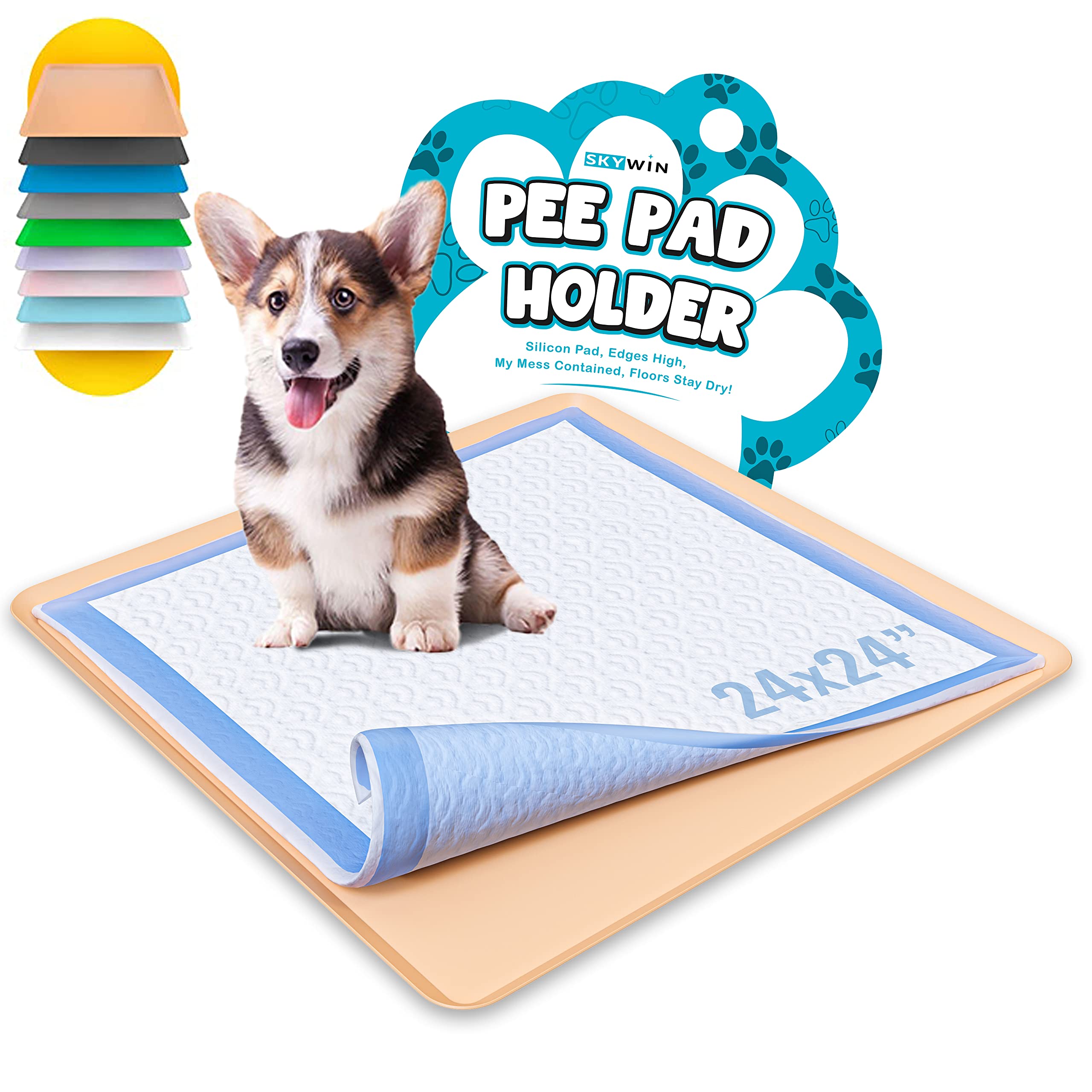 Skywin Dog Puppy Pad Holder Tray For 24X24 Inches Training Pads - Silicone Wee Wee Pad Holder, No Spill Pee Pad Holder For Dogs,
