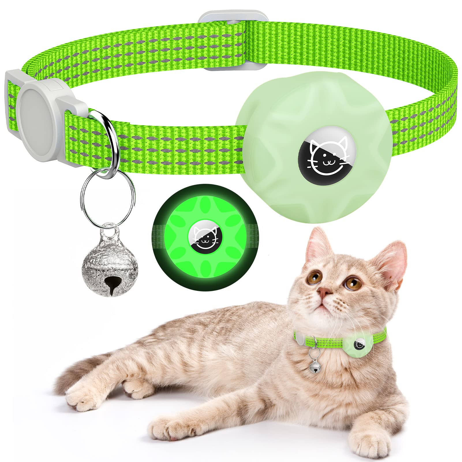 Airtag Cat Collar, Reflective Kitten Collar Breakaway Apple Air Tag Cat Collar, Gps Cat Collar With Airtag Holder And Bell, Lightweight Tracker Cat Collars For Girl Boy Cats Puppies (Luminous Green)