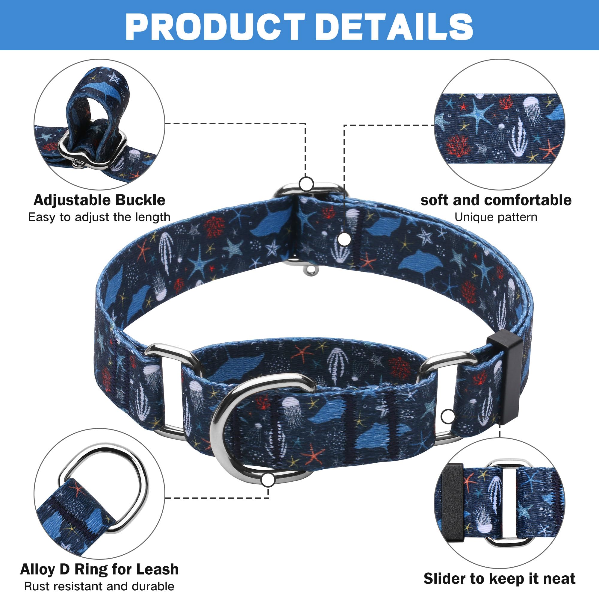 Hikiko Martingale Collar For Dogs With No Buckle Starfish Blue Dog Collars For Large Dogs,Submarine,L