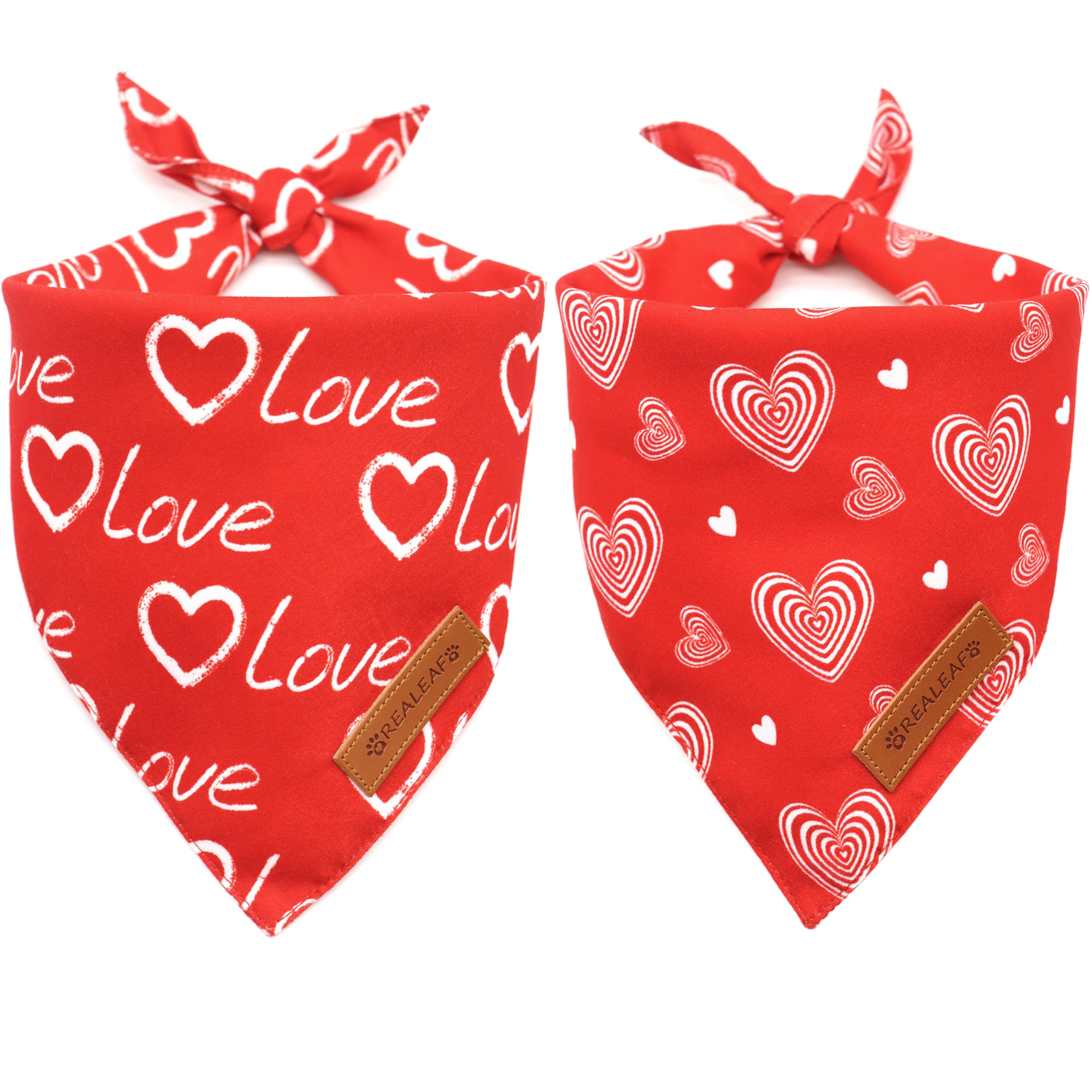 Realeaf Valentines Day Dog Bandanas 2 Pack, Reversible Love Pet Scarf For Boy And Girl, Premium Durable Fabric, Heart Bandana Fo