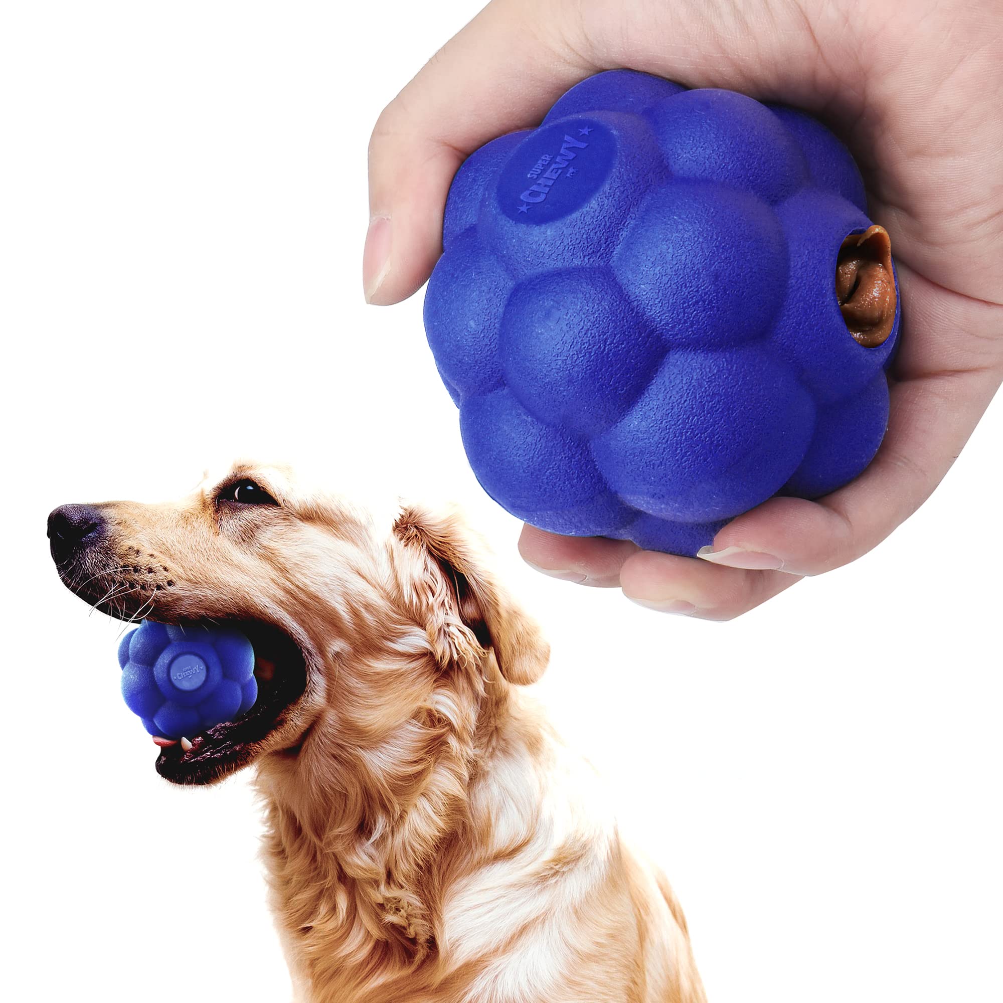 SuperChewy Tough Tumbler Ball Toy | Lifetime Replacement | Strong Natural Rubber | Smear Treats Inside to Excite Dogs | Ultra Du