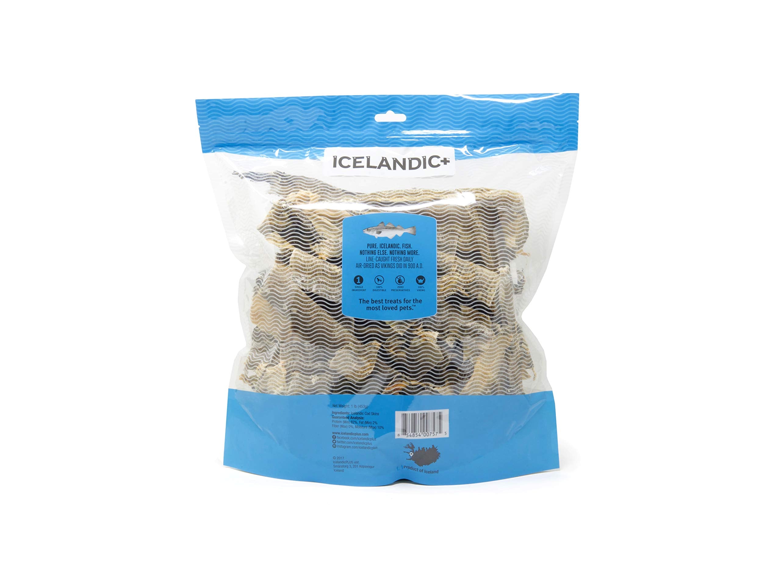 Icelandic+ Cod Skin Strips - 16oz Bag, Pure Fish Dog Treats, Wild-Caught & Air-Dried, Single Ingredient Snacks, Pet Chews, Just