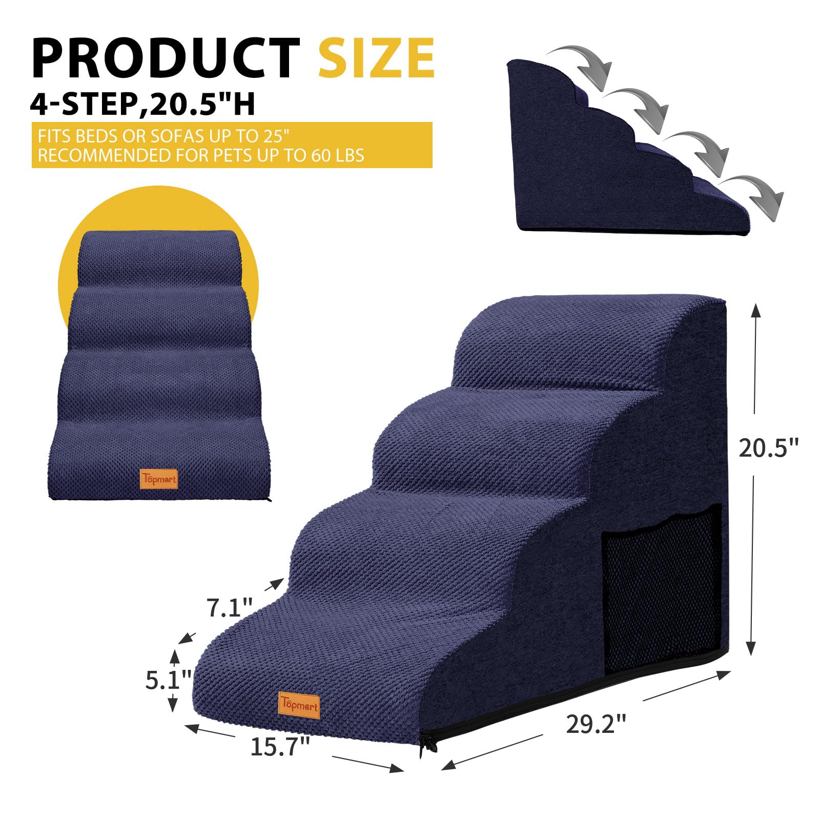 Dog Stairs For Small Dogs,4-Step,Foam Dog Steps&Ramps For Couch/High Beds With Waterproof &Removable Cover, Non-Slip, Blue