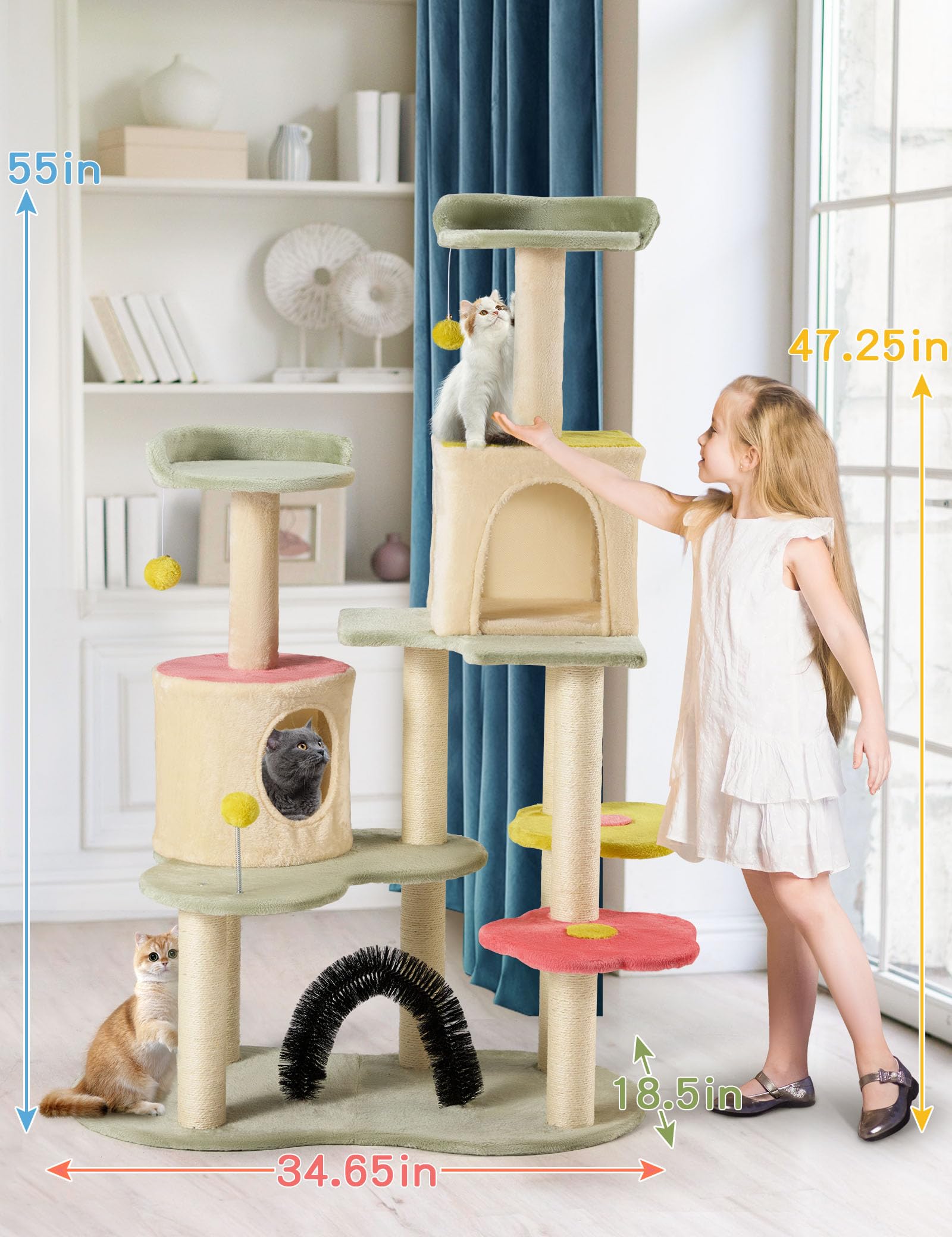 Flower Cat Tree Tower, 59 Inches Cute Cat Tree For Indoor Cats W/Sisal Covered Cat Scratching Posts Stand Cozy Condo, Sturdy Pad