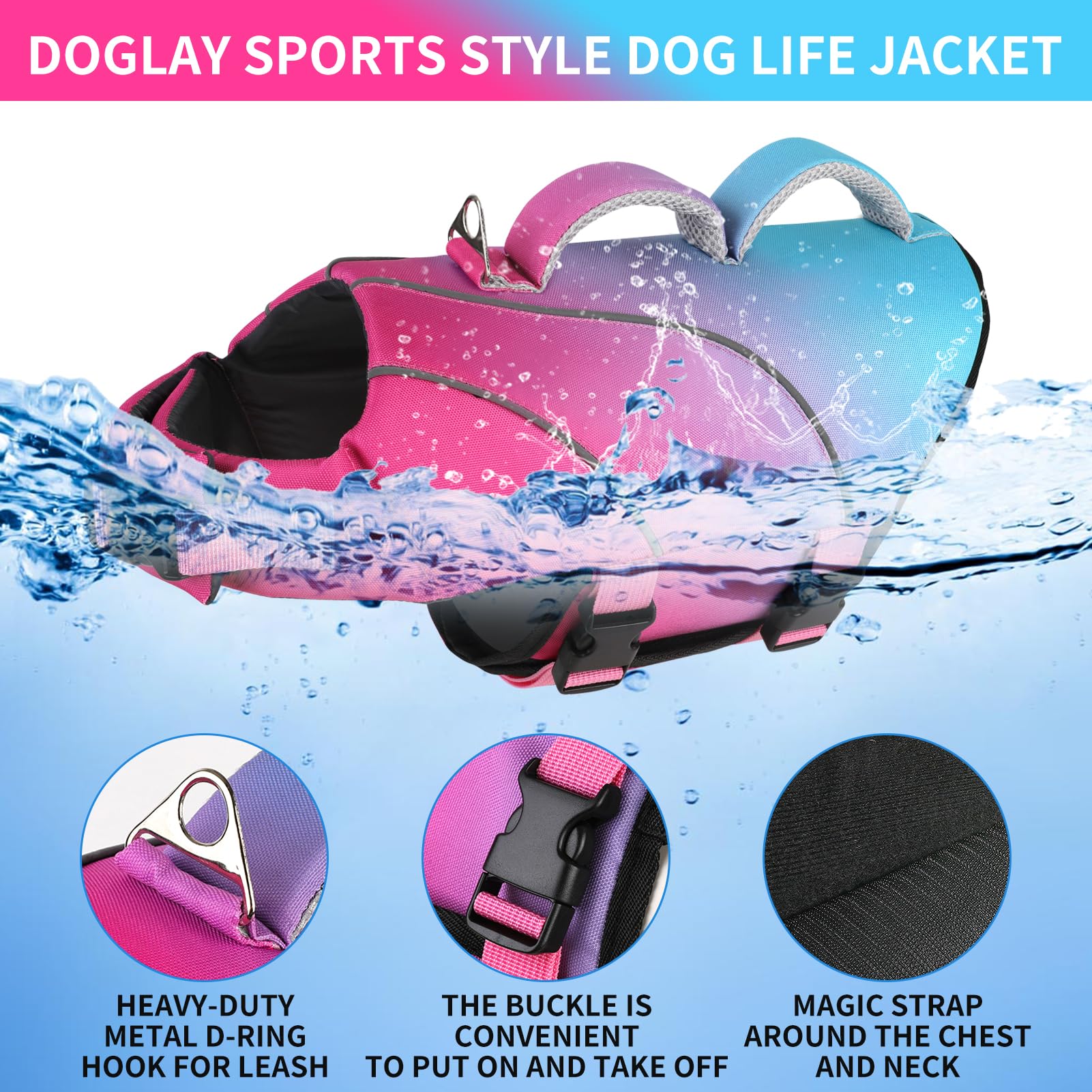 Doglay Dog Life Jacket With Double Rescue Handles, High Flotation Dog Life Vests For Swimming, Reflective Swimming Vest Safety L