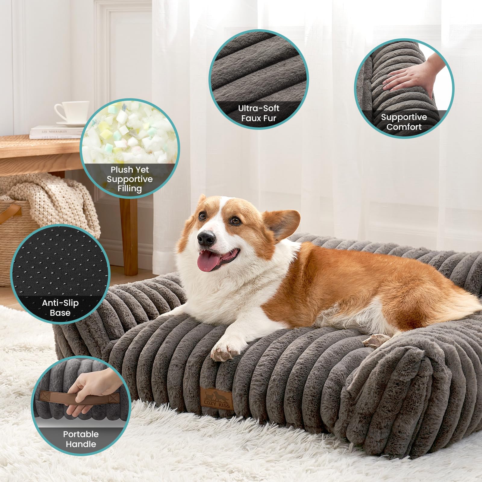 COZY KISS Cute Cat Couch, Premium Plush Faux Fur Pet Couch Bed, Ultra-Soft Pet Furniture for Cats & Small Dogs (Grey, S: 25.5x