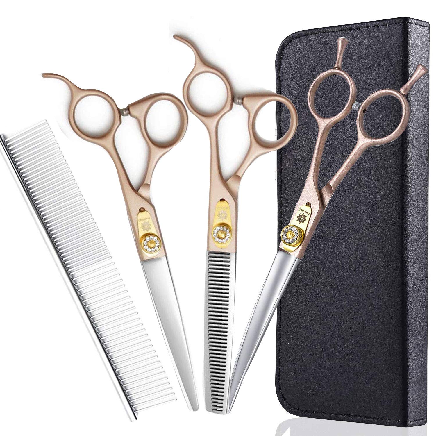 7 Inches Professional Pet Grooming Scissor, 440C Japanese Steel Straight & Curved & Thinning & Chunker Shears/Scissors For Dog Cat And More Pets (7 Inch-Grooming Scissors Set)