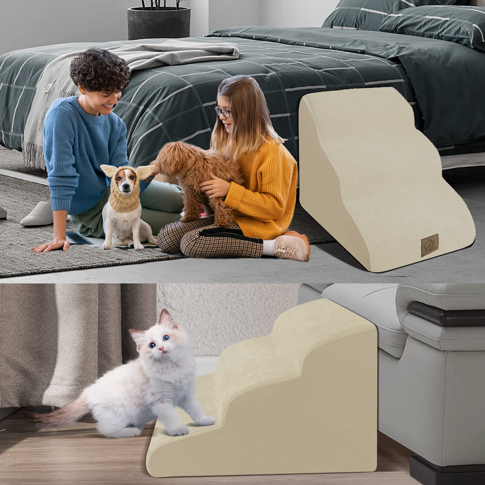 3-Tiers Foam Dog Stairs For Indoor High Sofa Bed Couch,Gentle Slope Steps Stairs For Indoor,Dog Stairs Ladder Ramp Non Slip For Old Small Dogs Easy Access,Send 3 Pcs Lint Roller Set,Beige