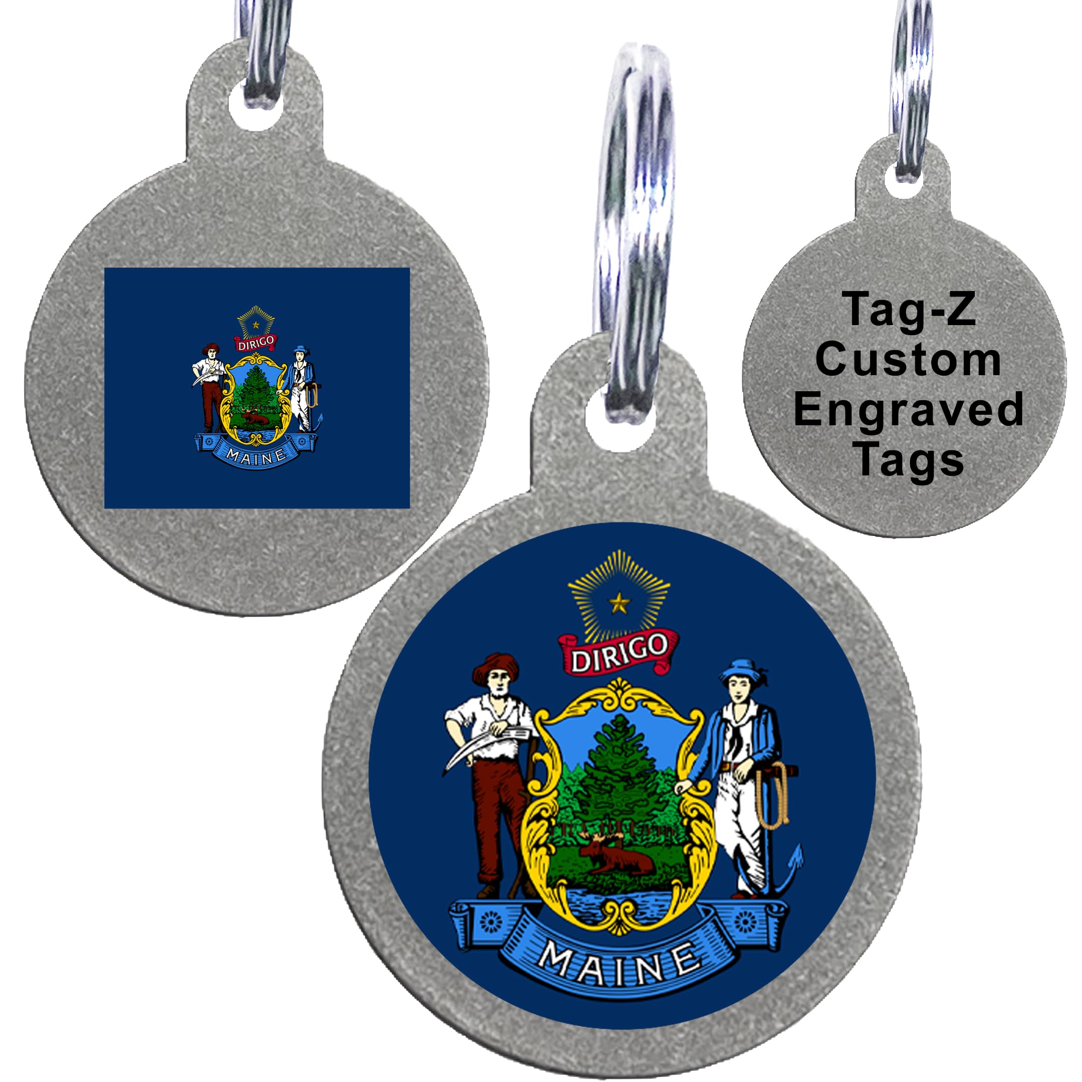 Maine Flag Pet Id Tags, Custom Printed And Laser Engraved Circle