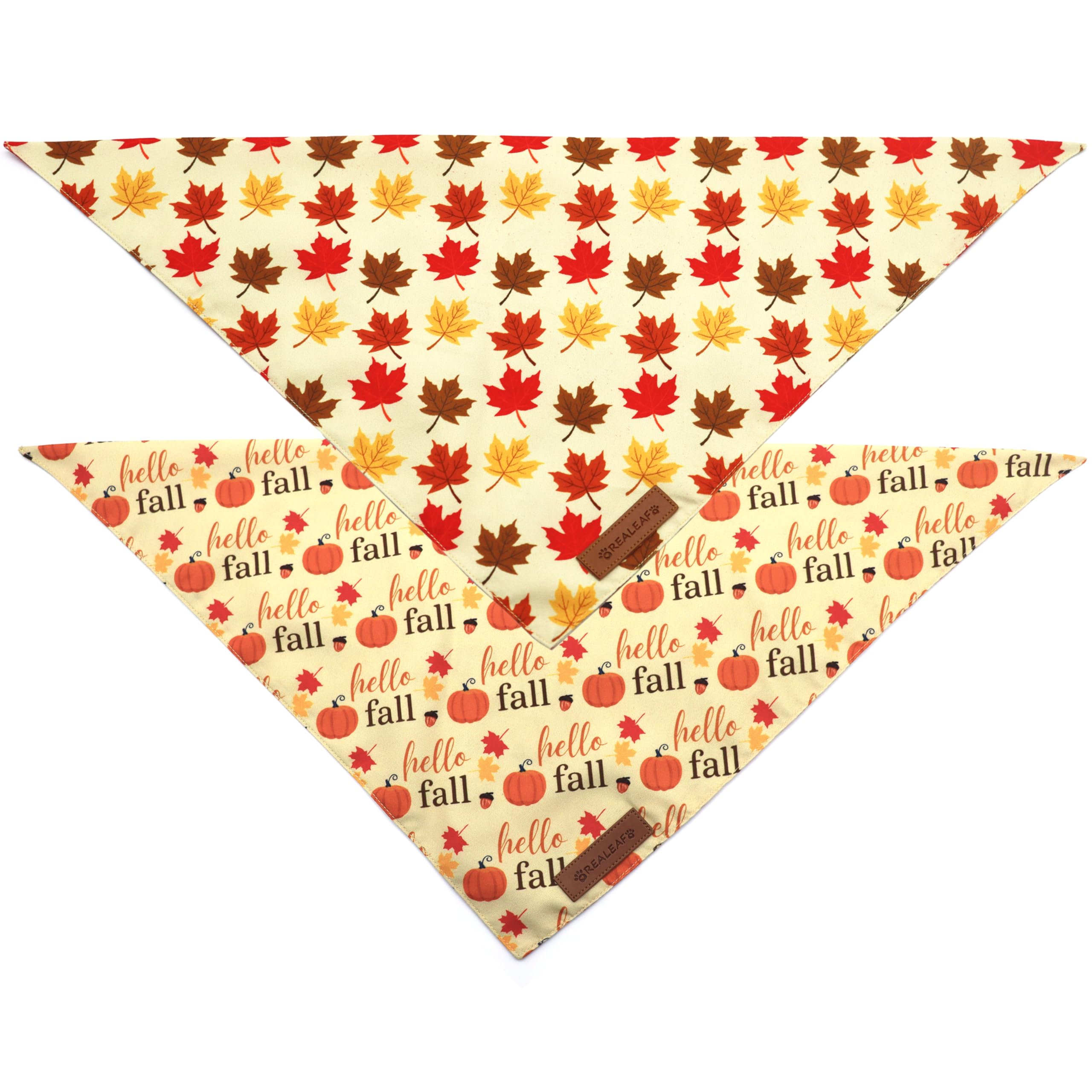 Realeaf Fall Dog Bandanas 2 Pack, Orange Pumpkin And Leaf Print Pet Scarf For Boy And Girl, Premium Durable Fabric, Holiday Band