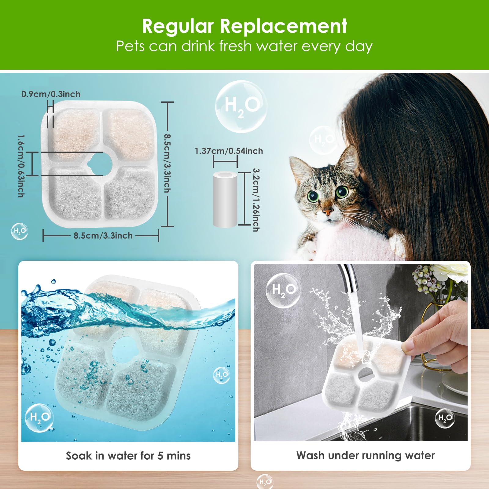 Cat Water Fountain Filter, 6-Pack Pet Fountain Filter Replacement Compatible With Cat Drinking Fountain, Replacement Triple Action Water Filter Activated Carbon Filter, 2 Hoses