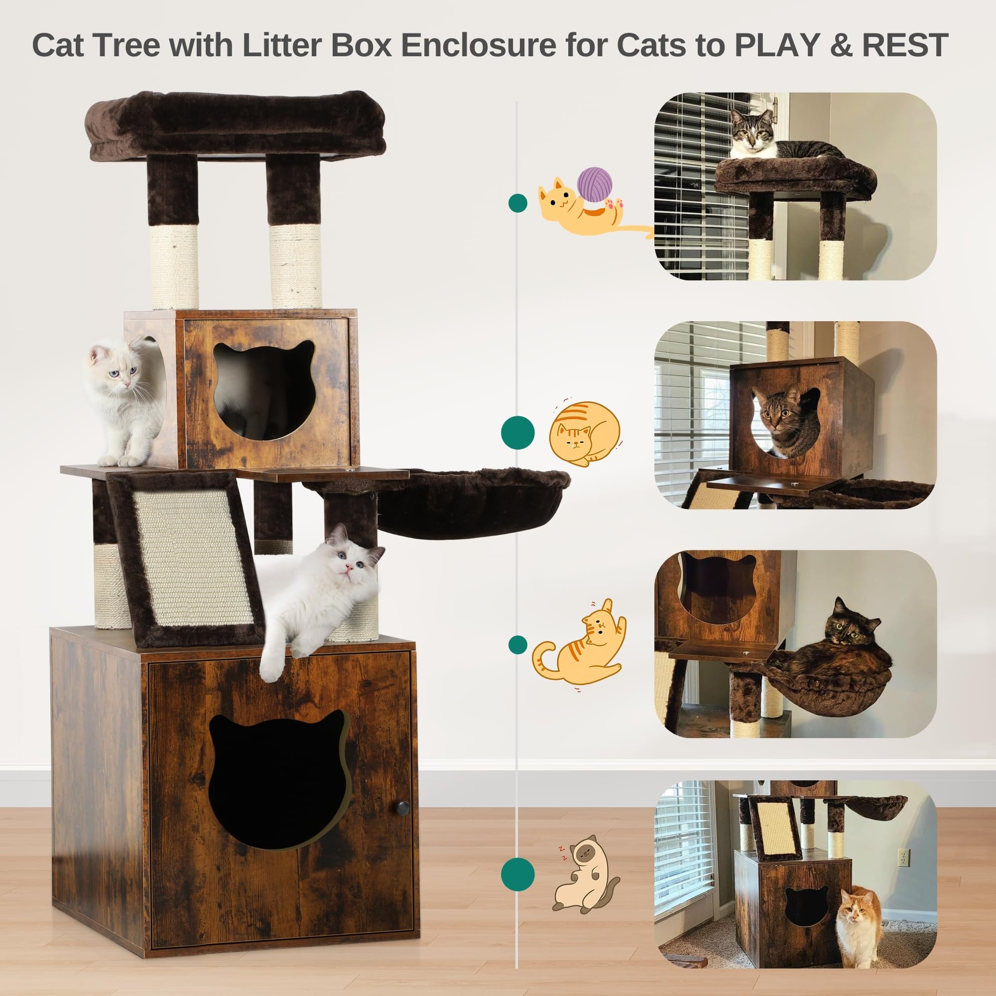 Yitahome Cat Tree With Litter Box Enclosure, Hidden Cat Litter Box Furniture With Sisal Scratching Post, Wooden Cat House With B