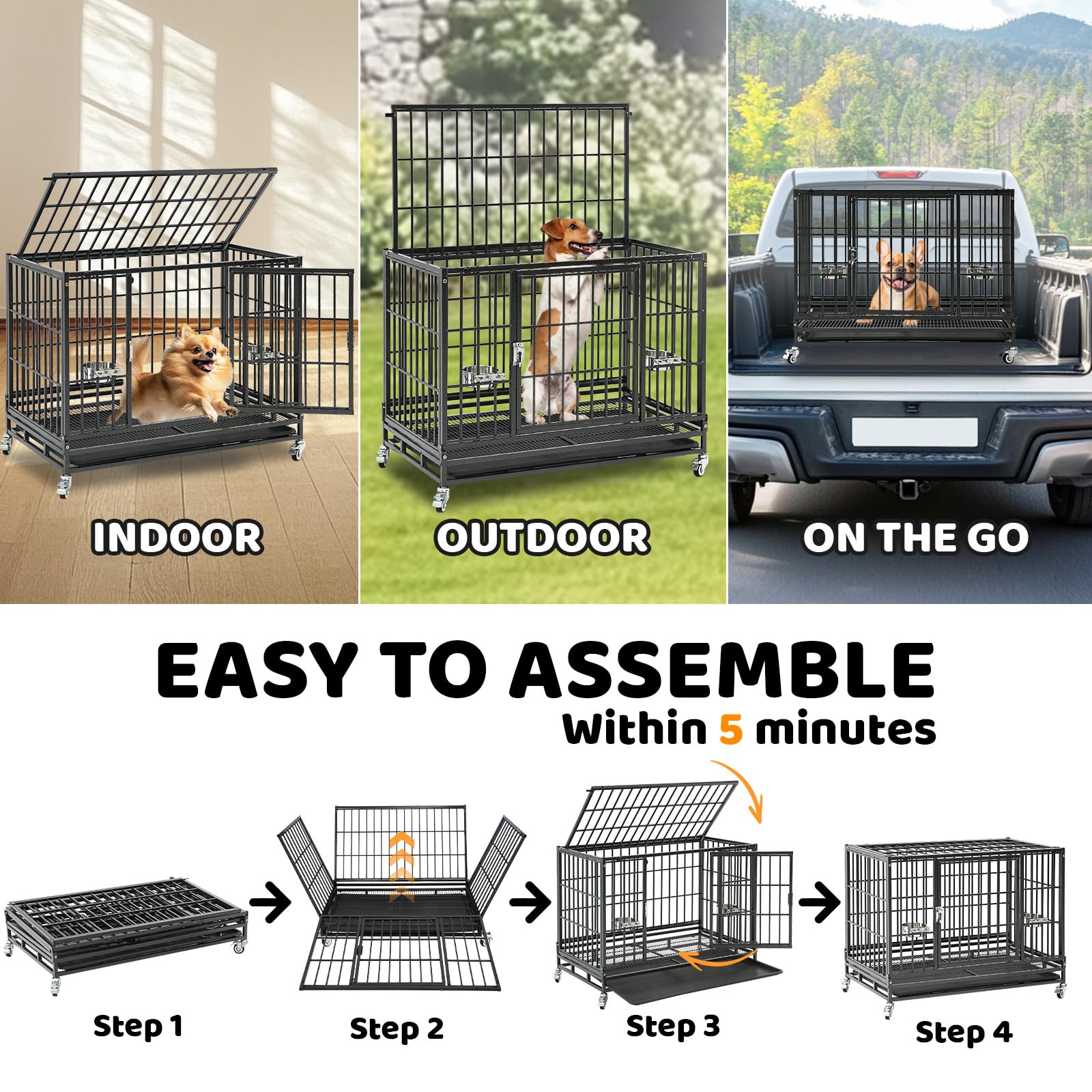 Homey Pet 37 Inch Heavy Duty Dog Crate For Medium Dogs, Stackable Dog Cage With Four Lockable Wheels, Removable Tray & Grid, Ope