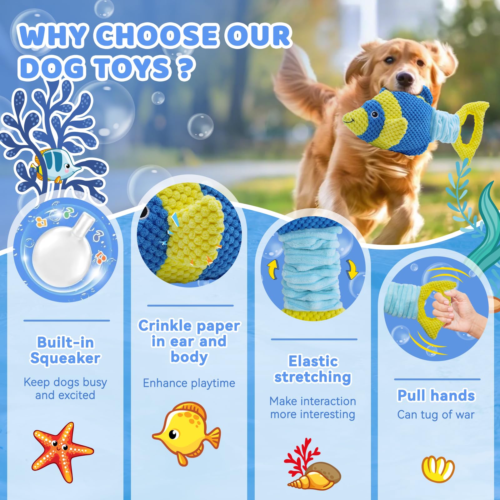 Yzhduxiu Tug Of War Dog Toy, Squeaky Dog Toys For Aggressive Chewers, Interactive Fish Puppy Toys With Crinkle Paper To Keep The