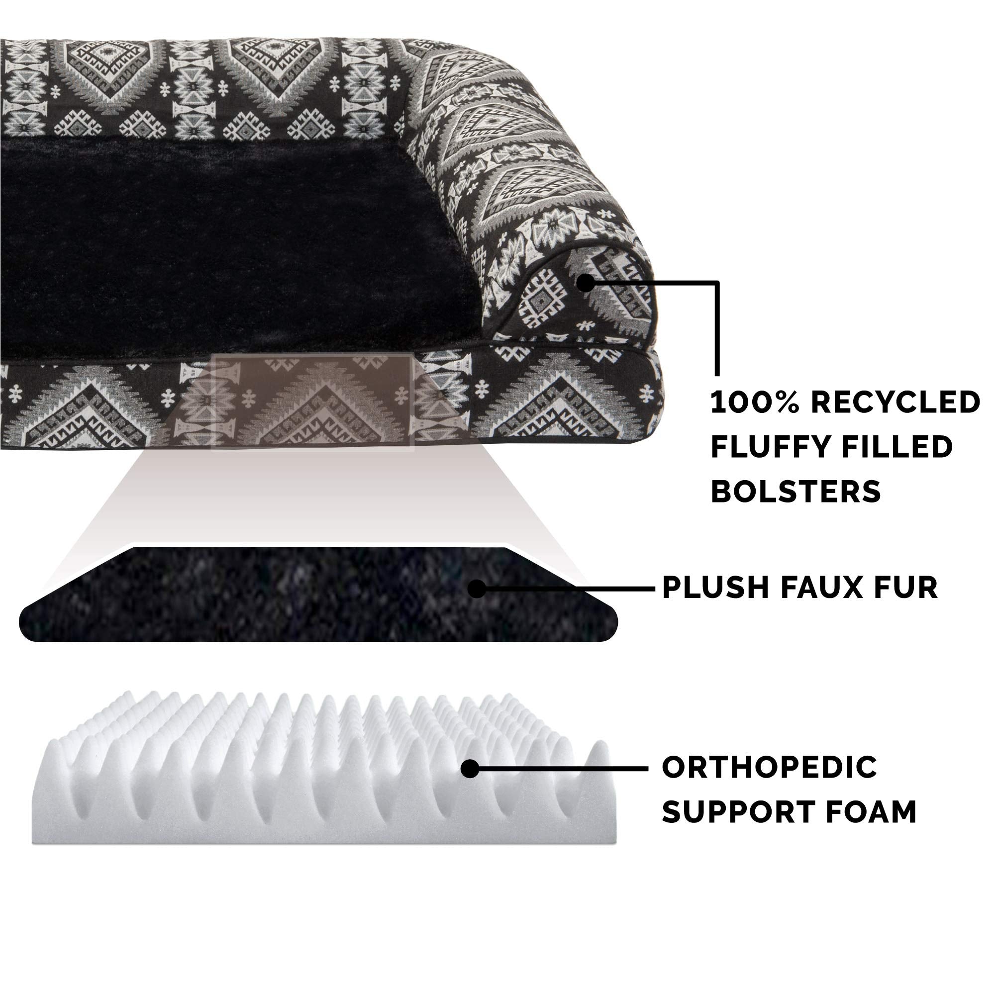 Furhaven Orthopedic Dog Bed For Large/Medium Dogs W/ Removable Bolsters & Washable Cover, For Dogs Up To 55 Lbs - Plush & Southwest Kilim Woven Decor Sofa - Black Medallion, Large