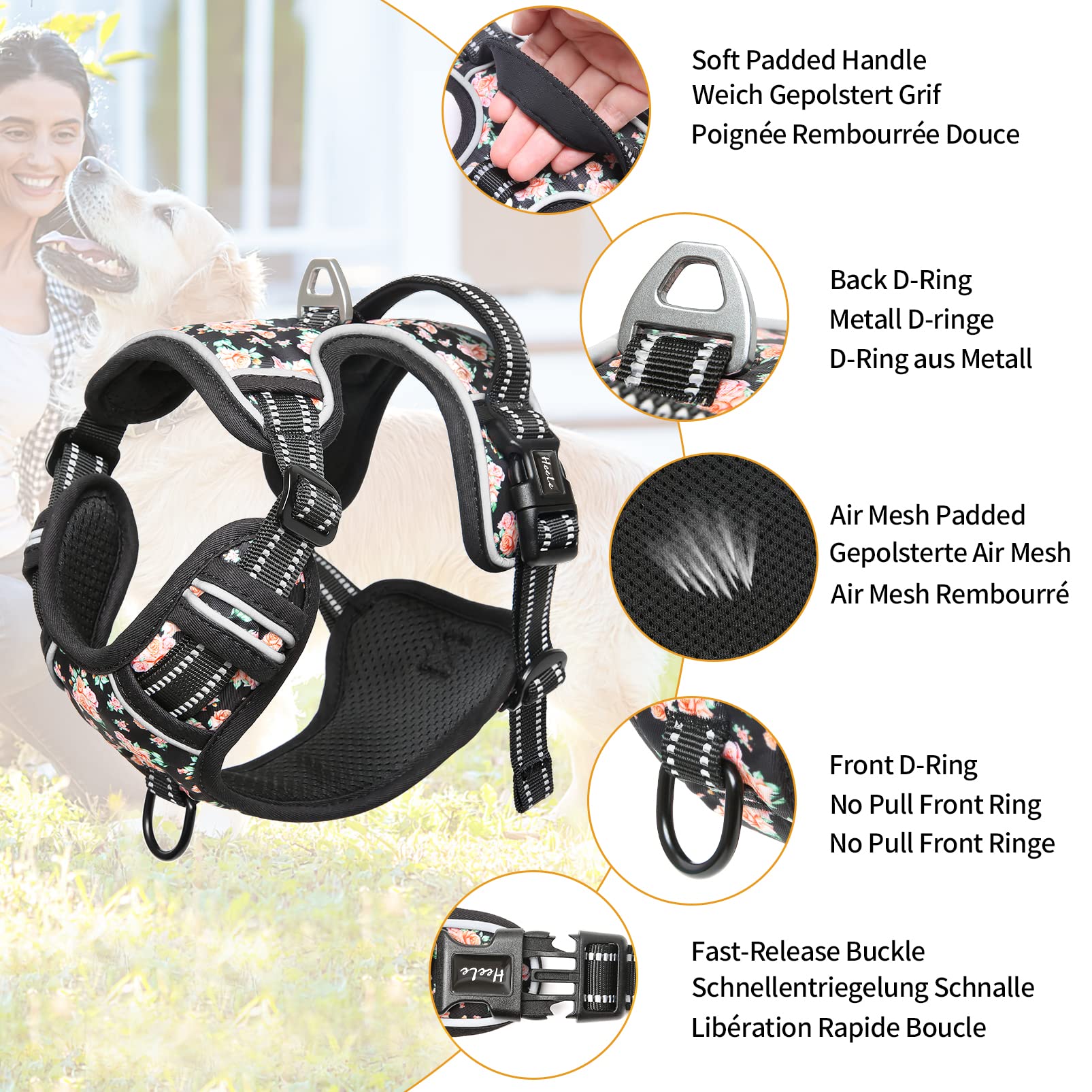 HEELE Dog Harness, No Pull Adjustable Padded Reflective Harness for Small Medium Large Dogs with Handle for Walking Training, Fl