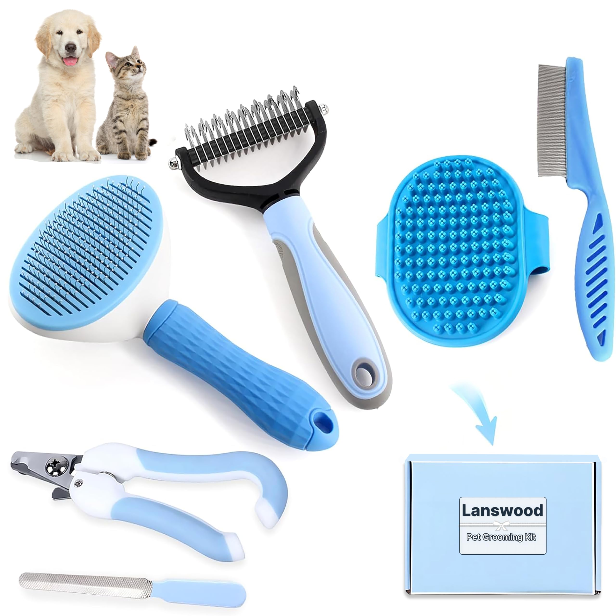 Lanswood Dog Brush Dog Grooming Kit 6Pcs Dog Brush For Shedding-Dog Brushes For Grooming, Dematting Comb For Dogs, Cat Nail Clip
