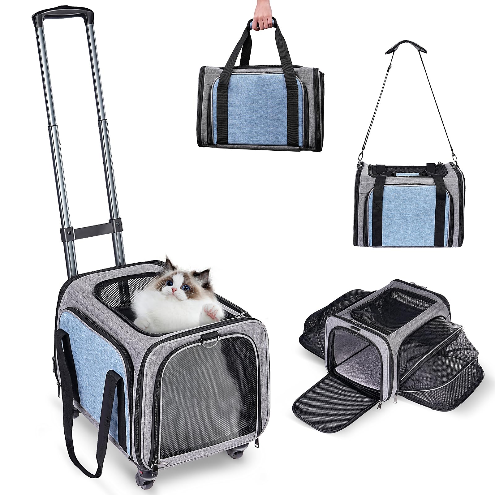 Pet Carrier With Wheels For Cat And Small Dogs: Expandable Airline Approved Rolling Cat Carrier - Cat Carrier Soft For Pets Unde