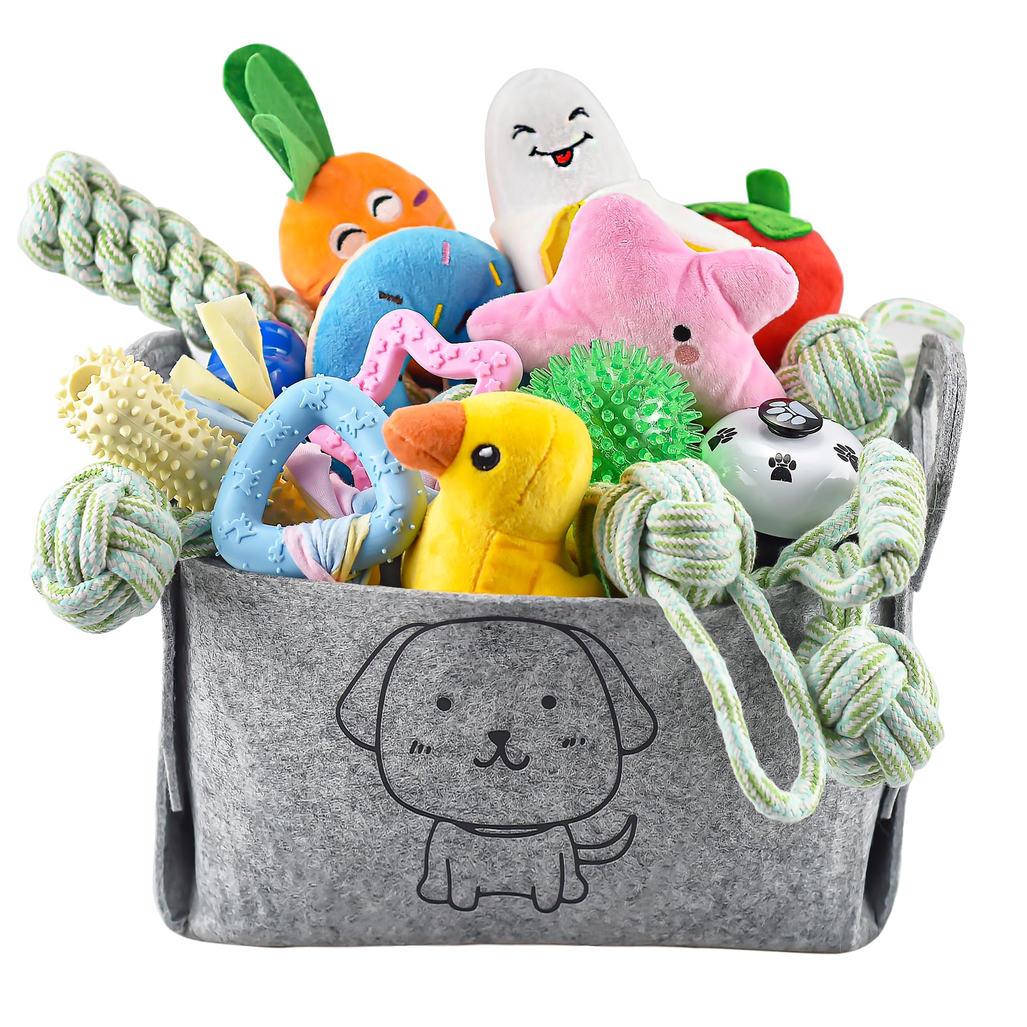LECHONG 24 Pack Puppy Chew Toys, Dog Teething Toys with Storage Bin, Dog Rope Toys and Squeaky Toys for Boredom, Interactive Dog