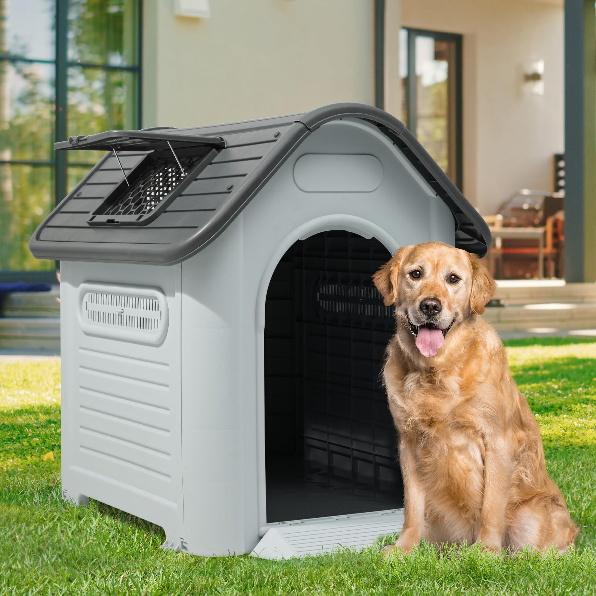 Yitahome 39.4'' Large Dog House Outdoor Plastic Doghouse Water Resistant Pet House With Adjustable Skylight And Elevated Base Fo