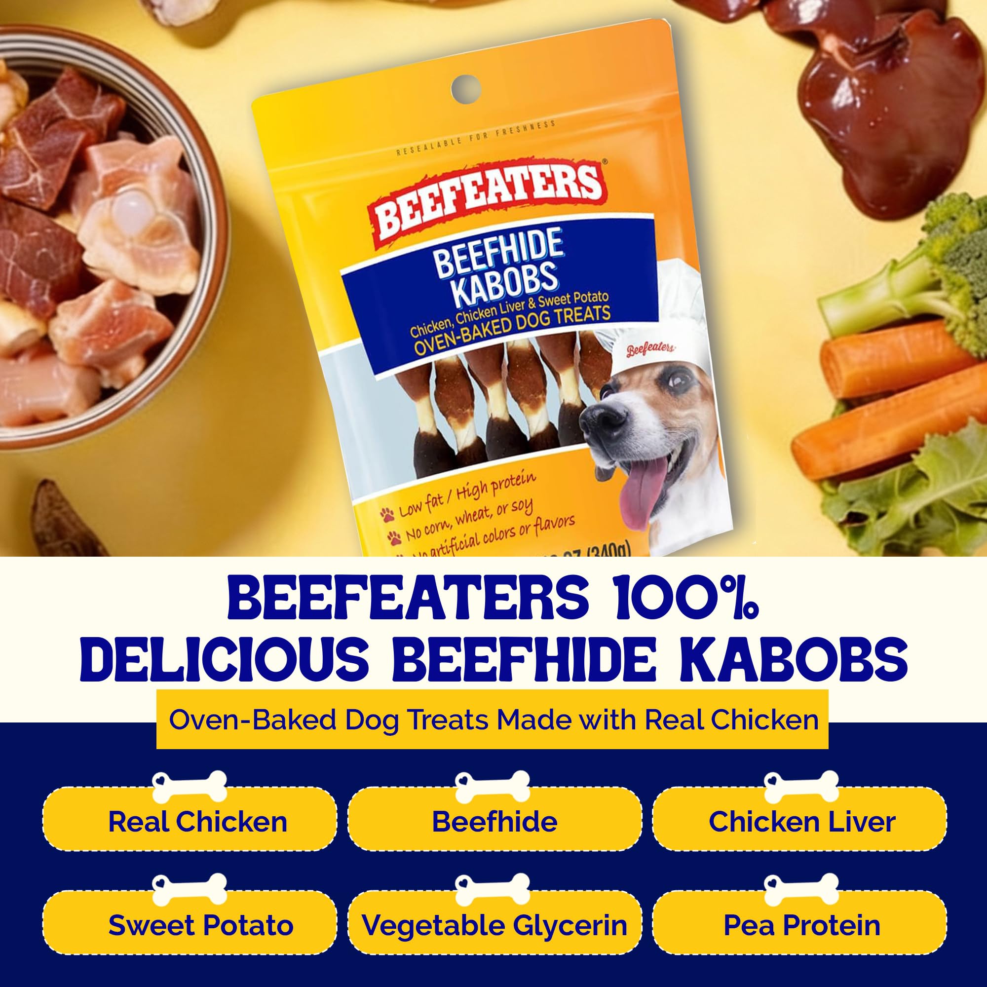 Beefeaters Beefhide Kabobs Dog Treats – Triple Flavor with Real Chicken, 12oz, Long-Lasting Chewing, Dental Support, Brown