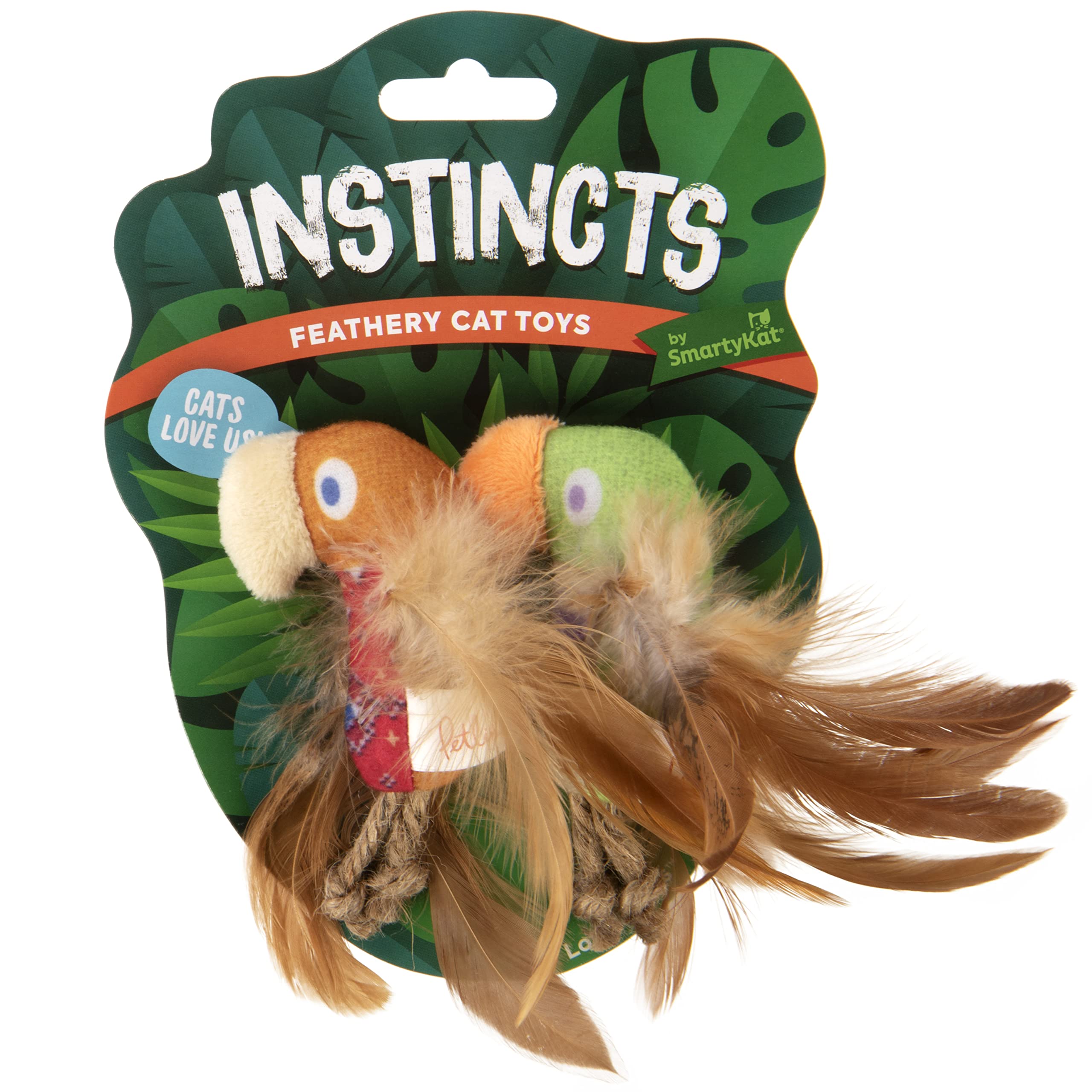 Smartykat Instincts 2-Pack Happynip Love Mates Feather Birds Plush Cat Toys, Contains Catnip & Silvervine - Orange/Green, 2-Pack