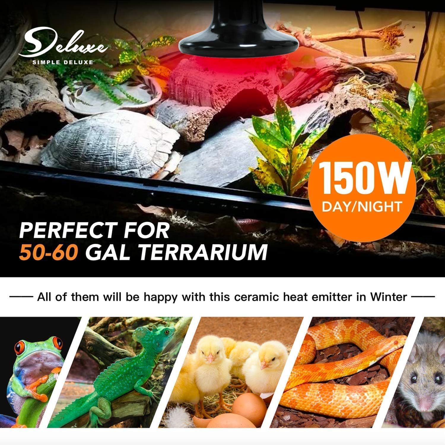 Simple Deluxe 150W Ceramic Reptile Heat Lamp Bulb & 150W Clamp Light With 8.5'' Aluminum Reflector Combo For Amphibian Pets, Sil